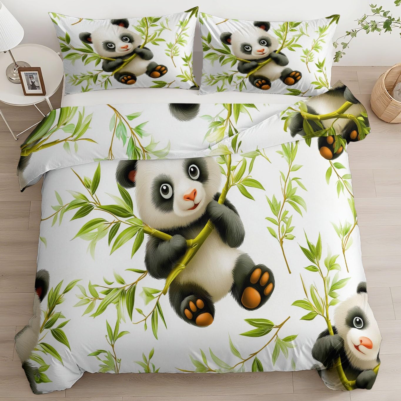 Parure de lit panda 240x260 cm avec housse de couette blanche et taies