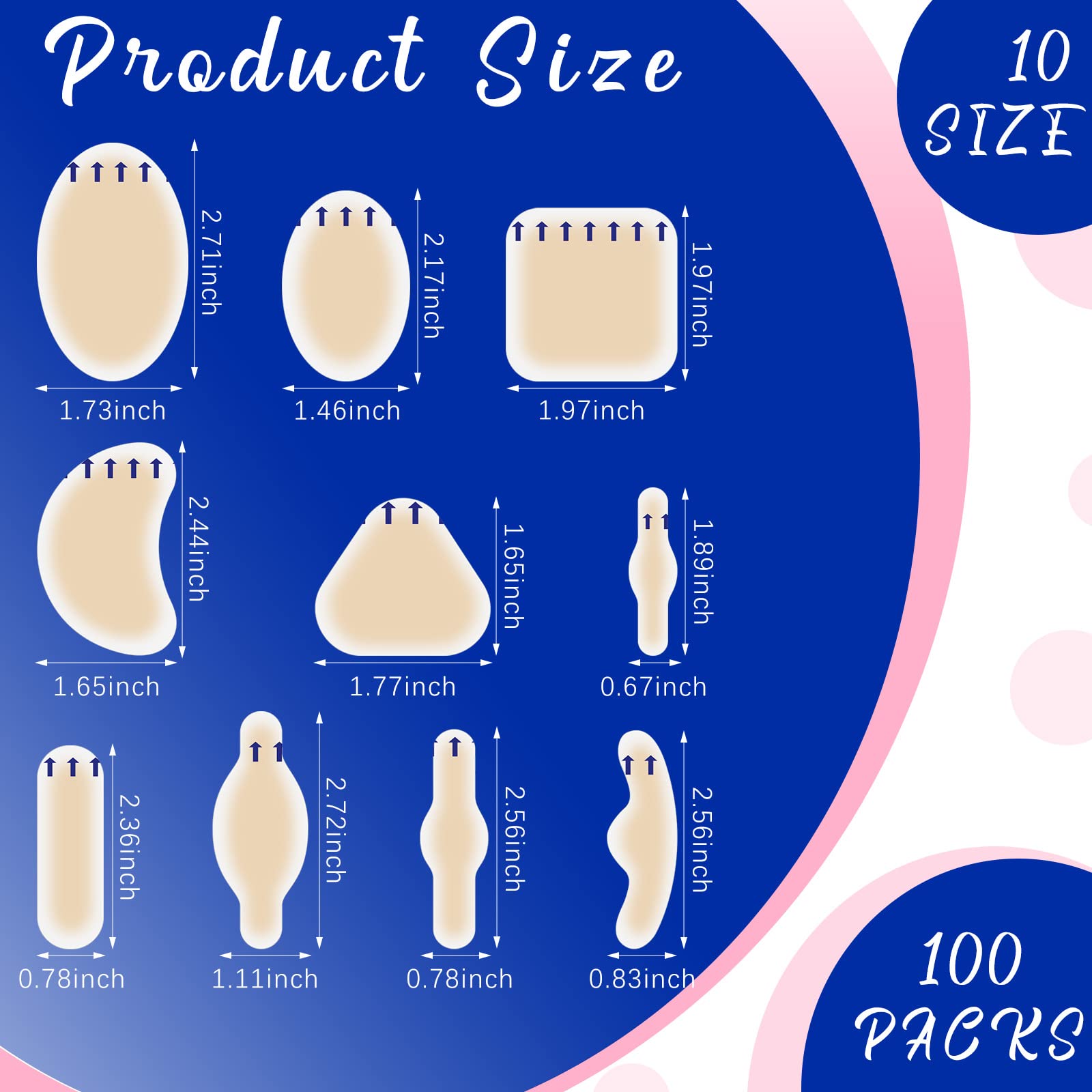 100 Pcs Blister Bandages Pads Gel Hydrocolloid Bandages Waterproof Adhesive Blister Prevention for Feet Heel Fingers Toes Forefoot Blister,10 Size