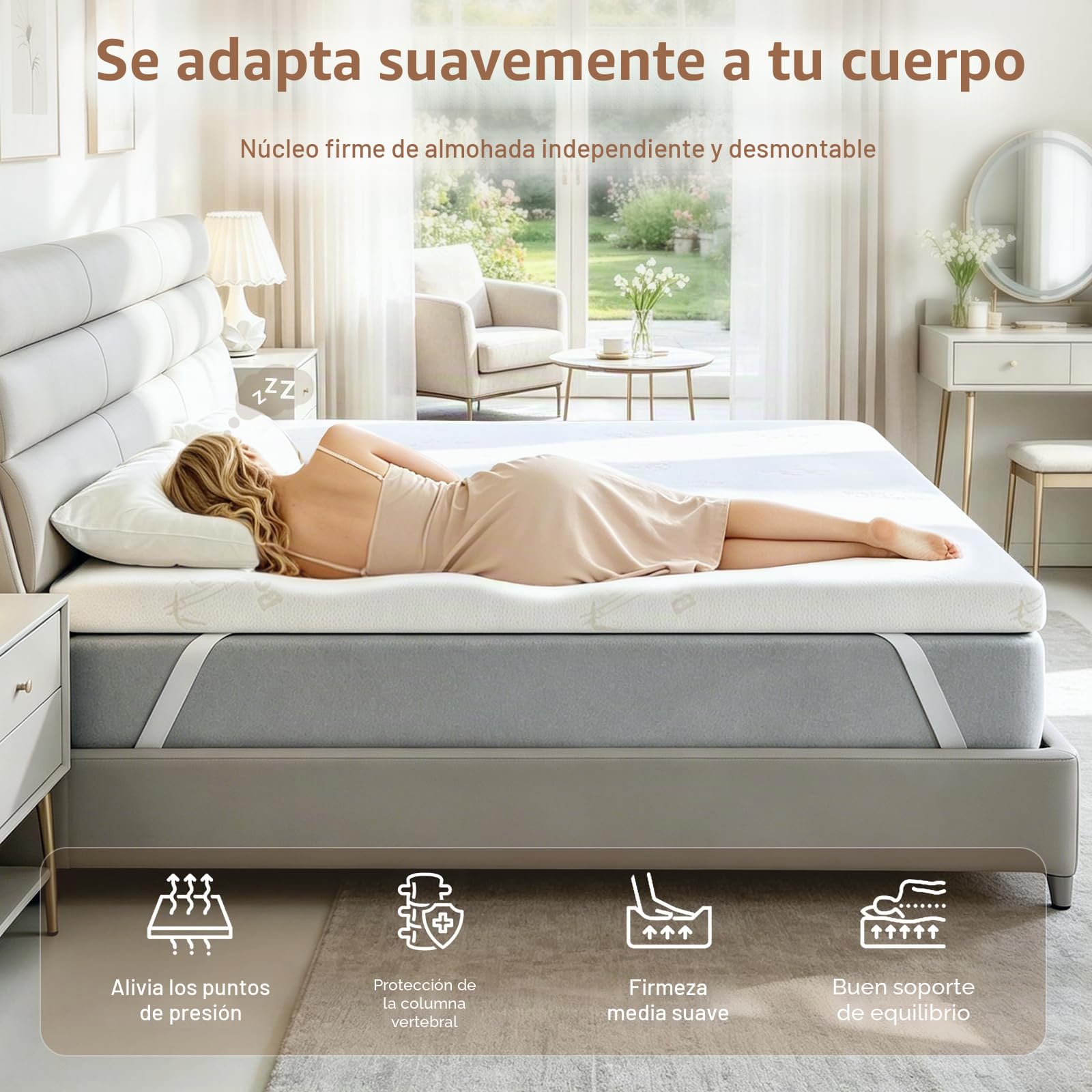 Topper Viscoelástico 150x200, Sobrecolchon de Espuma con Memoria 5 cm, Cubrecolchón Confortable con Bambú Funda Lavable