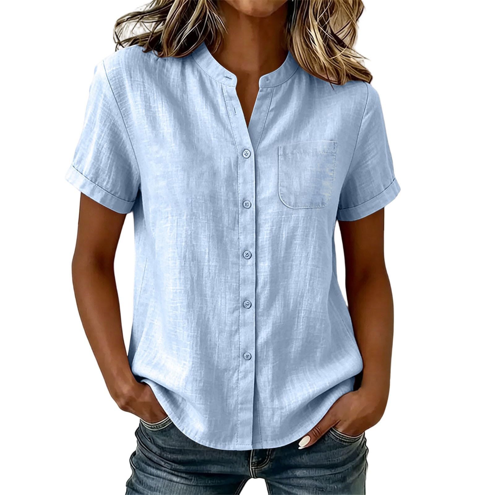 Leinenbluse Damen Musselin V-Ausschnitt Hemd Leinenhemd mit Taschen Leinen Kurzarm Sommer Oberteile Baumwolle Tops mit Knöpfe Casual Bluse Locker Shirt Leichte Tunika Bequem Hemdbluse