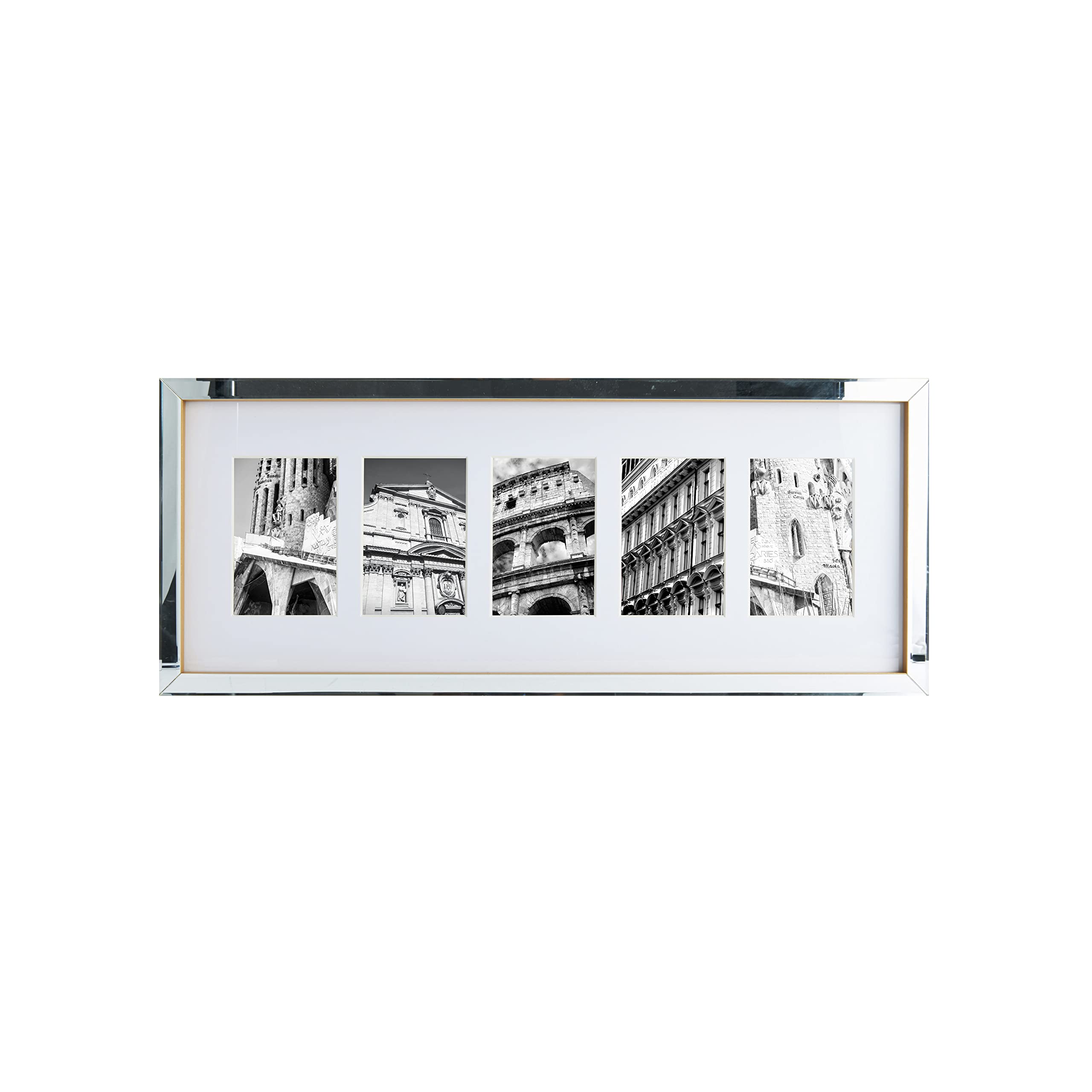 Mikasa Mirror Gallery Collage Frame with Gold Sides, 27x11 Collage Holds Five 4x6 Photos, Vertical or Horizontal Display, For Bedroom, Living Room, Dining Room