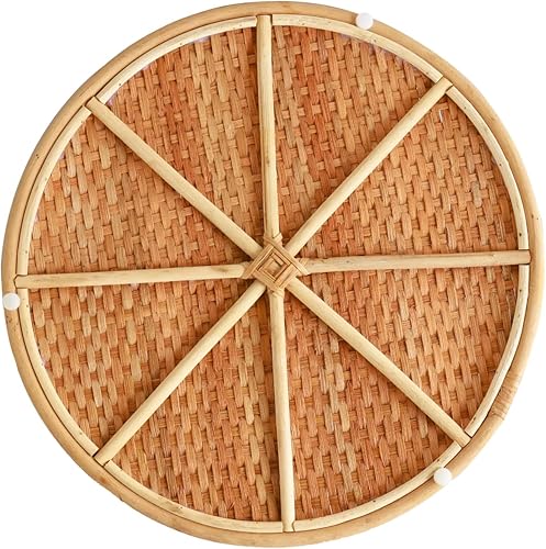 Miniatura 4 de Eden Grace Juego de 3 bandejas redondas de ratán tejidas a mano con diseño ondulado y asas, bandeja de té, cesta de frutas para mesa de café y