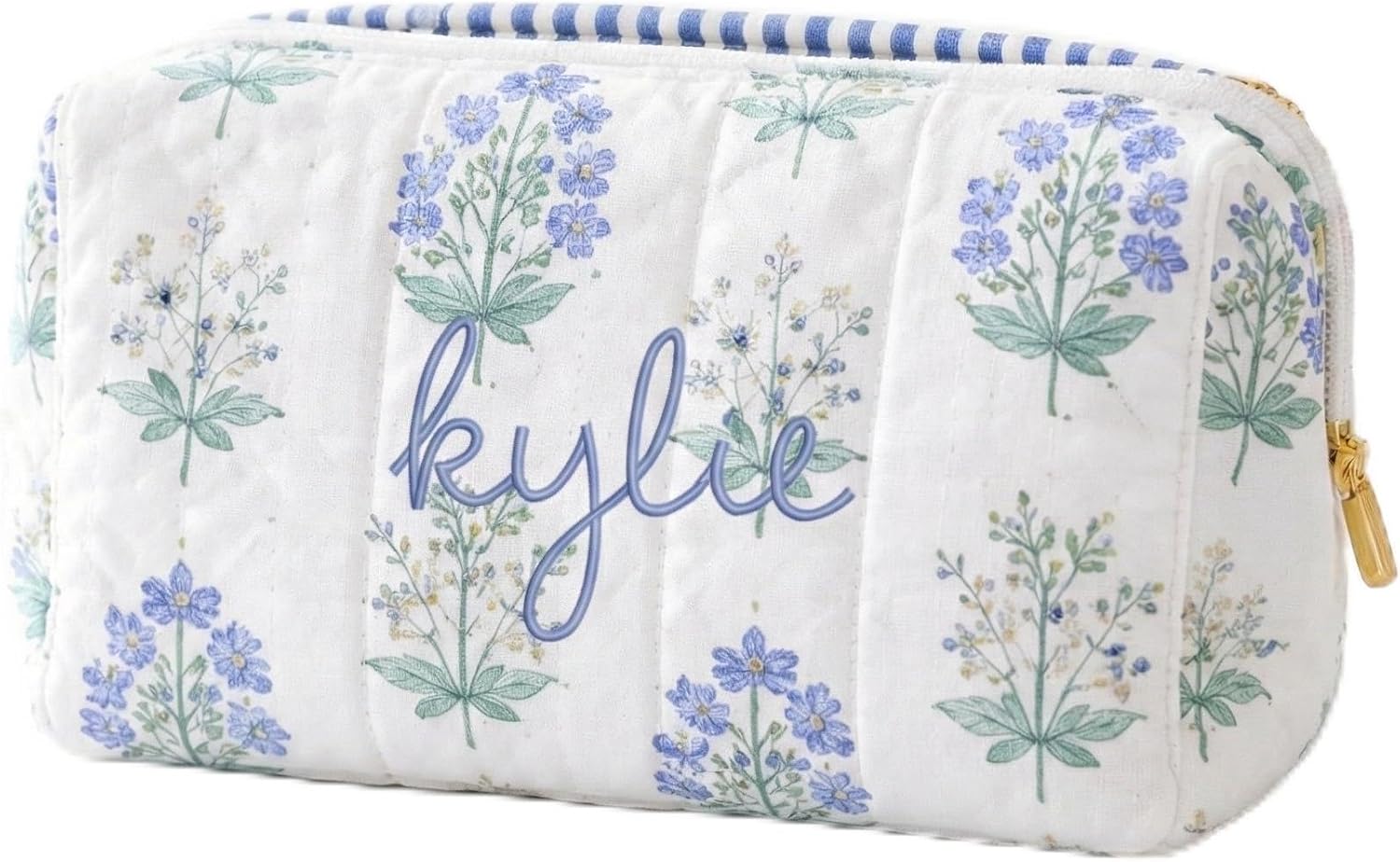Threadart Personalized Quilted Blue Block Print Pouch - Embroidered With Initials or Name - 16"x17.5"x6" - For Women, Shopping. Travel, Getaways, Gifts