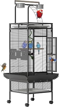 60 Inch Wrought Iron Bird Cage - Spacious Parrot Cage with Rolling Stand, Play Top & 4 Stainless Steel Bowls - for African Grey, Cockatiel, Conure, Parakeet, Lovebird - Black
