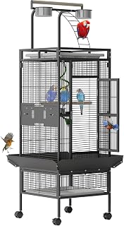 60" Large Wrought Iron Bird Cage with Rolling Stand, Play Top & 4 Stainless Steel Bowls, Metal Parrot Cage for African Grey, Cockatiel, Conure, Lovebird, Budgie, Black