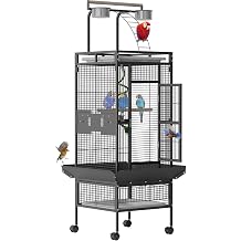 60" Large Wrought Iron Bird Cage with Rolling Stand, Play Top & 4 Stainless Steel Bowls, Metal Parrot Cage for African Grey, Cockatiel, Conure, Lovebird, Budgie, Black