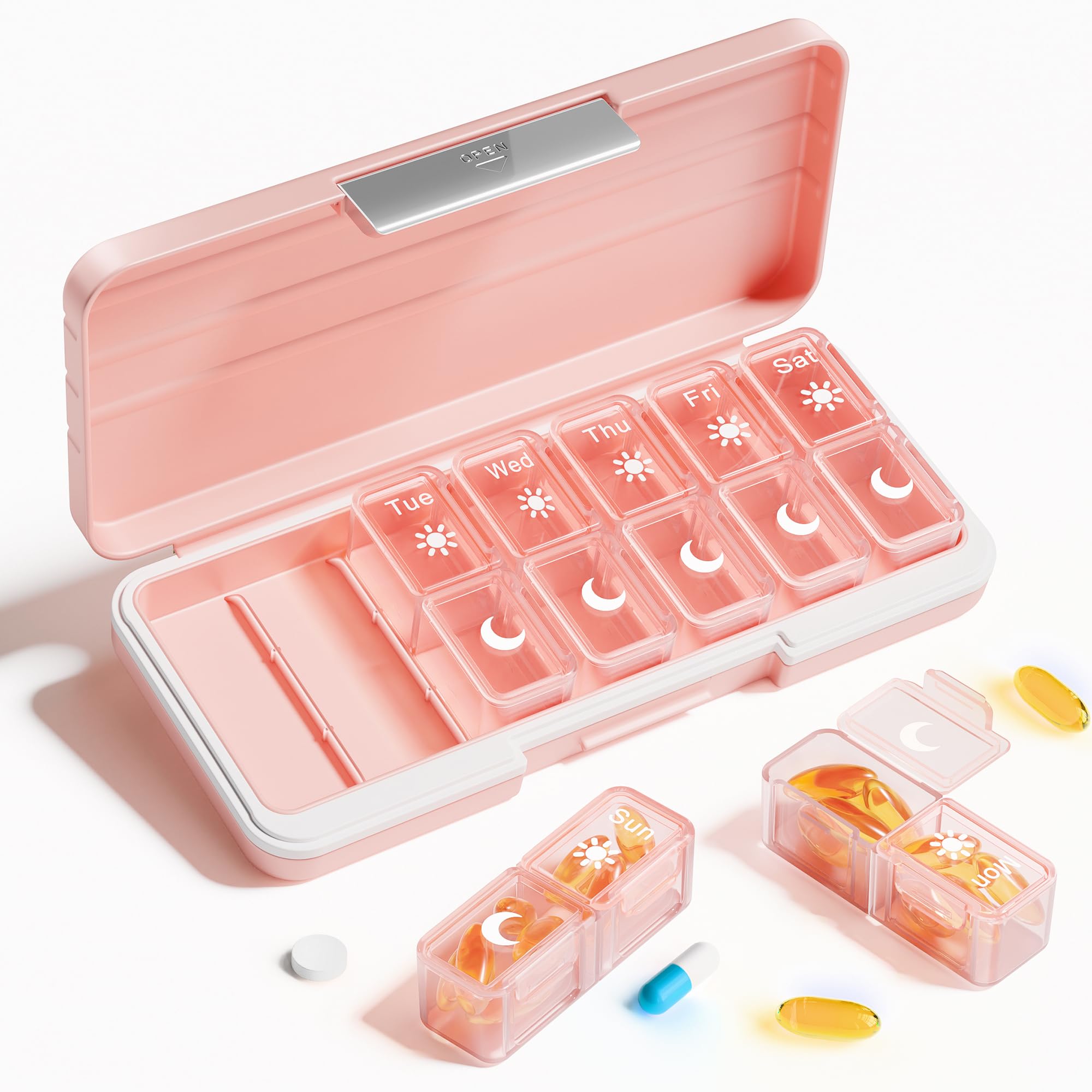 AM PM Pill Organizer 2 Times A Day, 7 Day Pill Box Weekly Pill Organizer Travel with Separate Container, Portable Daily Medicine Planner Dispenser Case for Vitamin, Fish Oils, Supplements