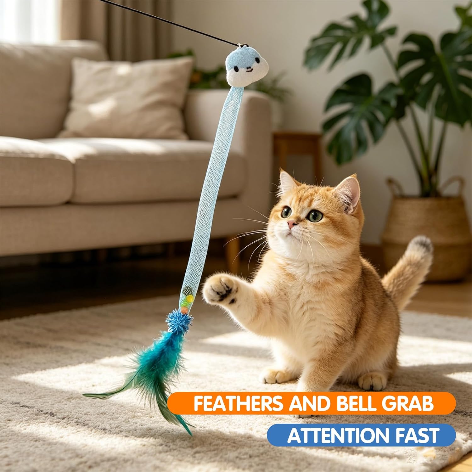 Cat Teaser Toys with Feathers and Bells, Flexible Tube 4-Pack | Four colorful teaser toys with feathers, bells, pom-poms, and flexible mesh tubes for chasing, batting, and pouncing