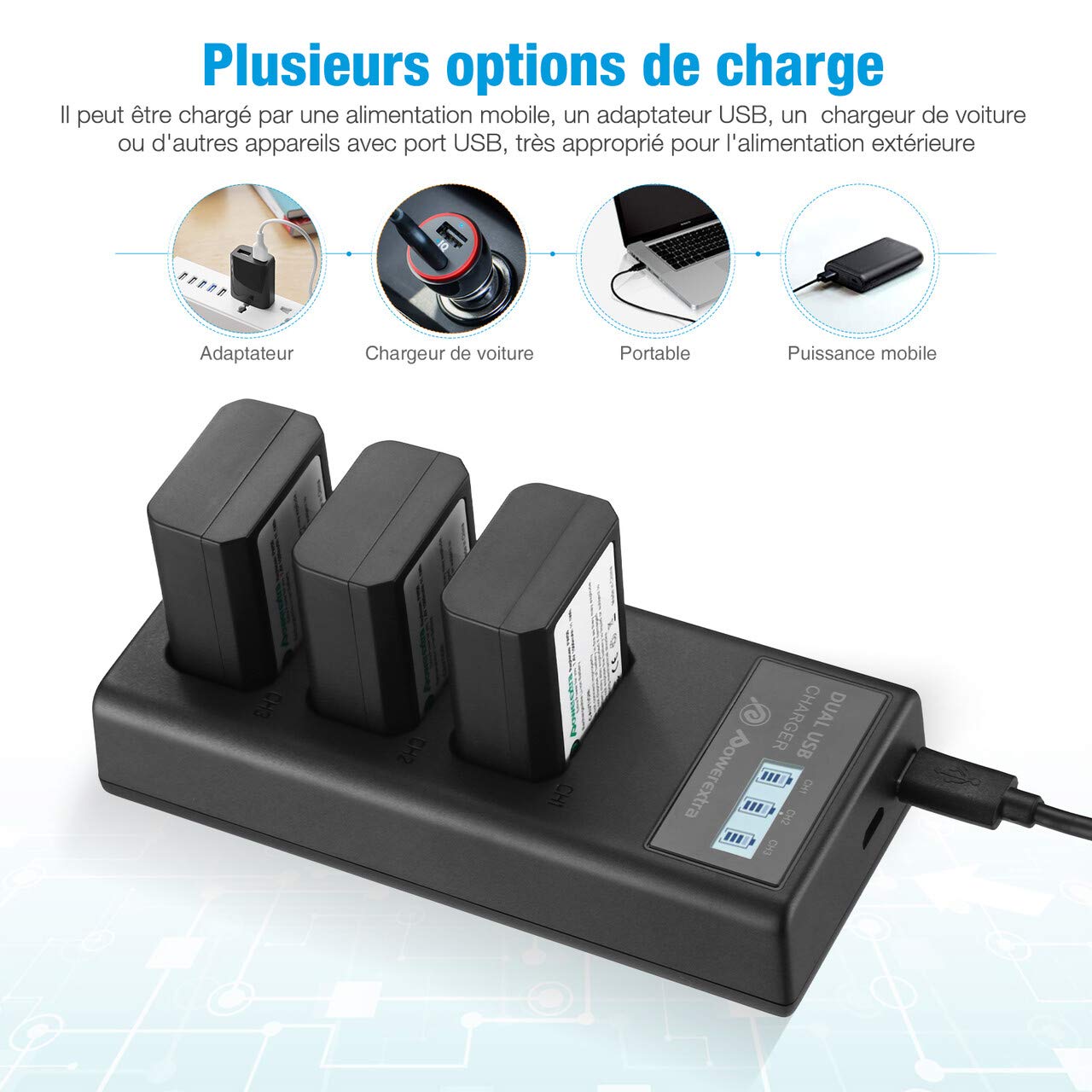 3 Batterie de Rechange 1500mAh et Chargeur LCD 3 Baies pour NP-FW50