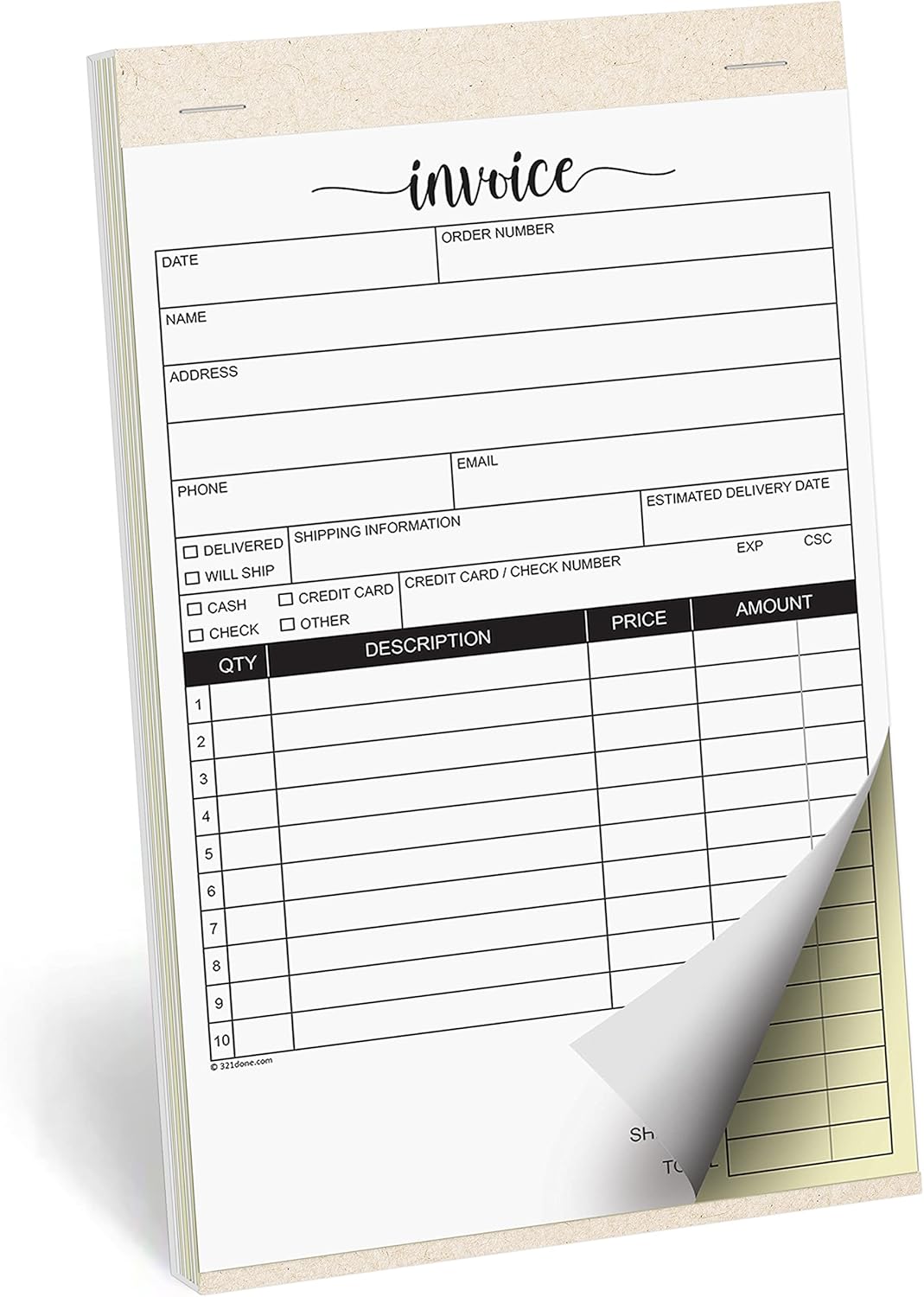 321Done Invoice Book with Cover, 5.5x8.5 Small 2-Part Carbonless, Made in USA, Carbon Copy Order Form Purchase Sales Receipt Booklet, Cute for Craft Business (50 Sets) White/Yellow