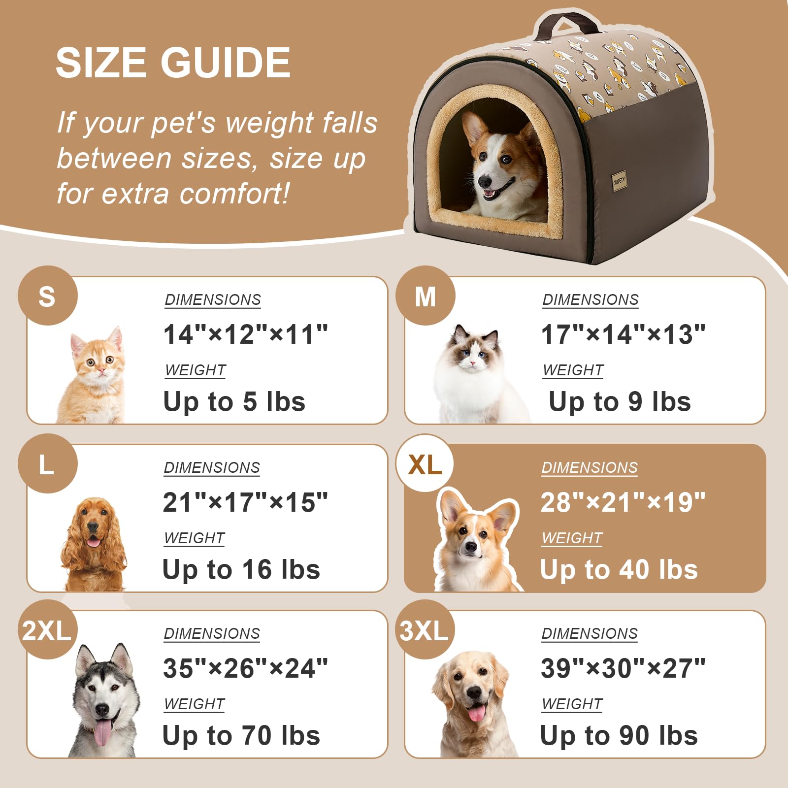 Jiupety - Pet House Indoor 2 in 1 Foldable Portable Roof Tent Cave Bed for Medium Dogs XL (74 x 53 x 51 cm), Up to 20 kg, Brown
