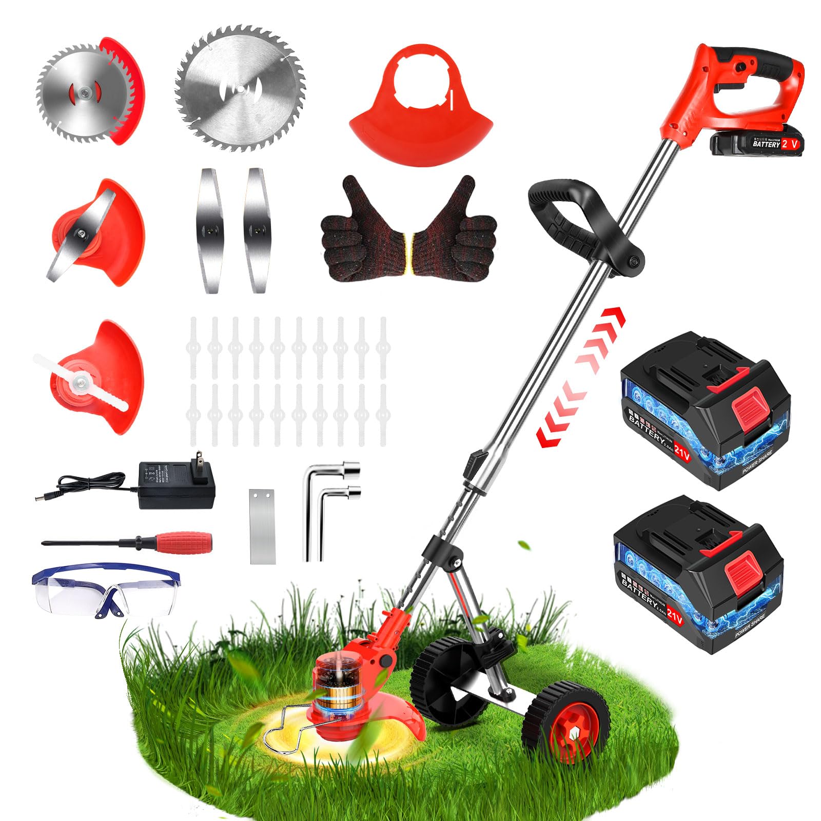 Lacoco Cordless Grass Trimmer Garden Strimmer 3 in 1 Electric Grass Cutter,Metal Blade Strimmer with 2 x 2.0Ah Battery 3 Type Blades, Battery Strimmer with wheels Brush Cutter for Lawn Garden Trimming