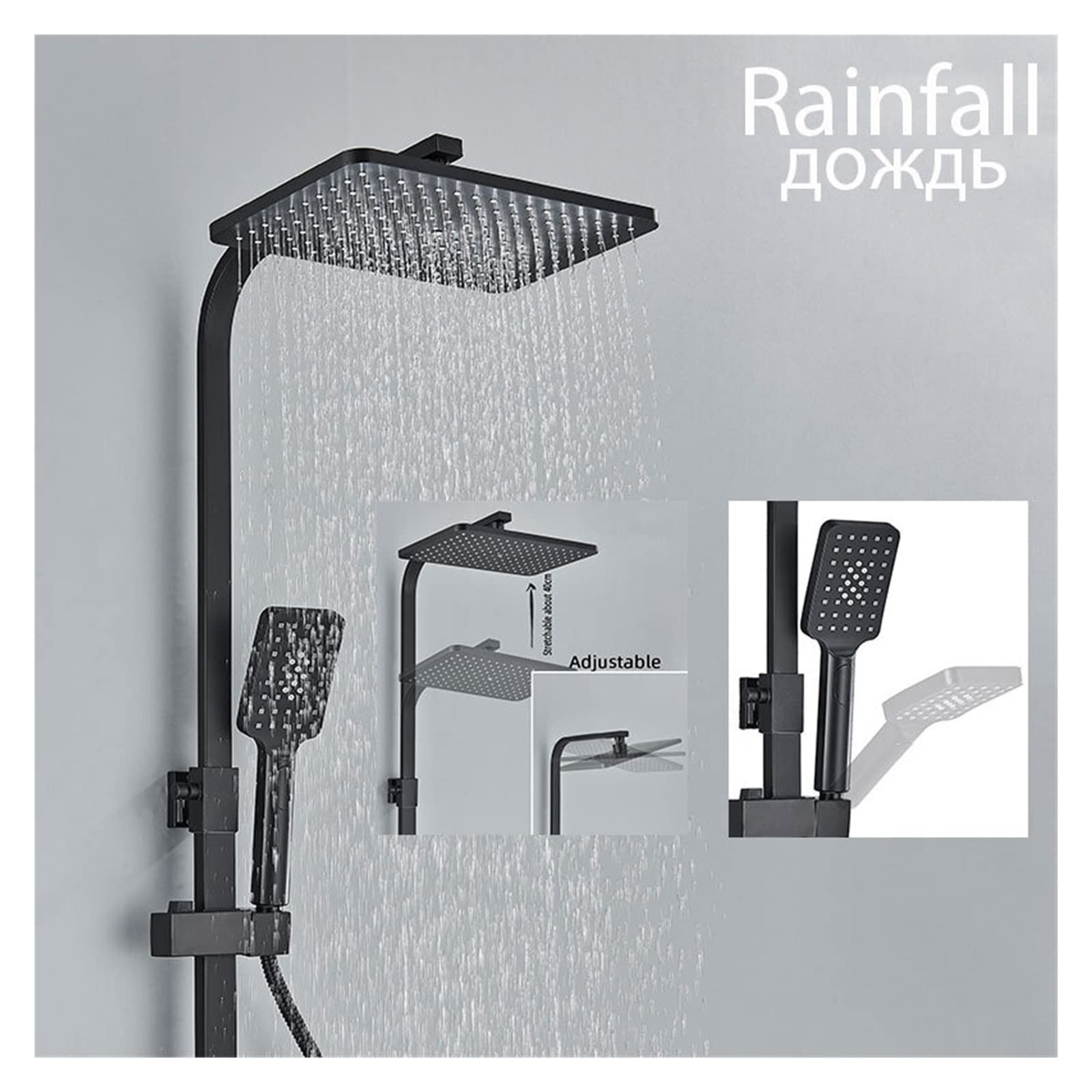 LCD cyfrowy czarny system prysznicowy do łazienki zestaw bateria termostatyczna do łazienki System z 4-kierunkowym zestawem kranów prysznicowych z deszczownicą Mixer Tap(Hold-Cold Black A)