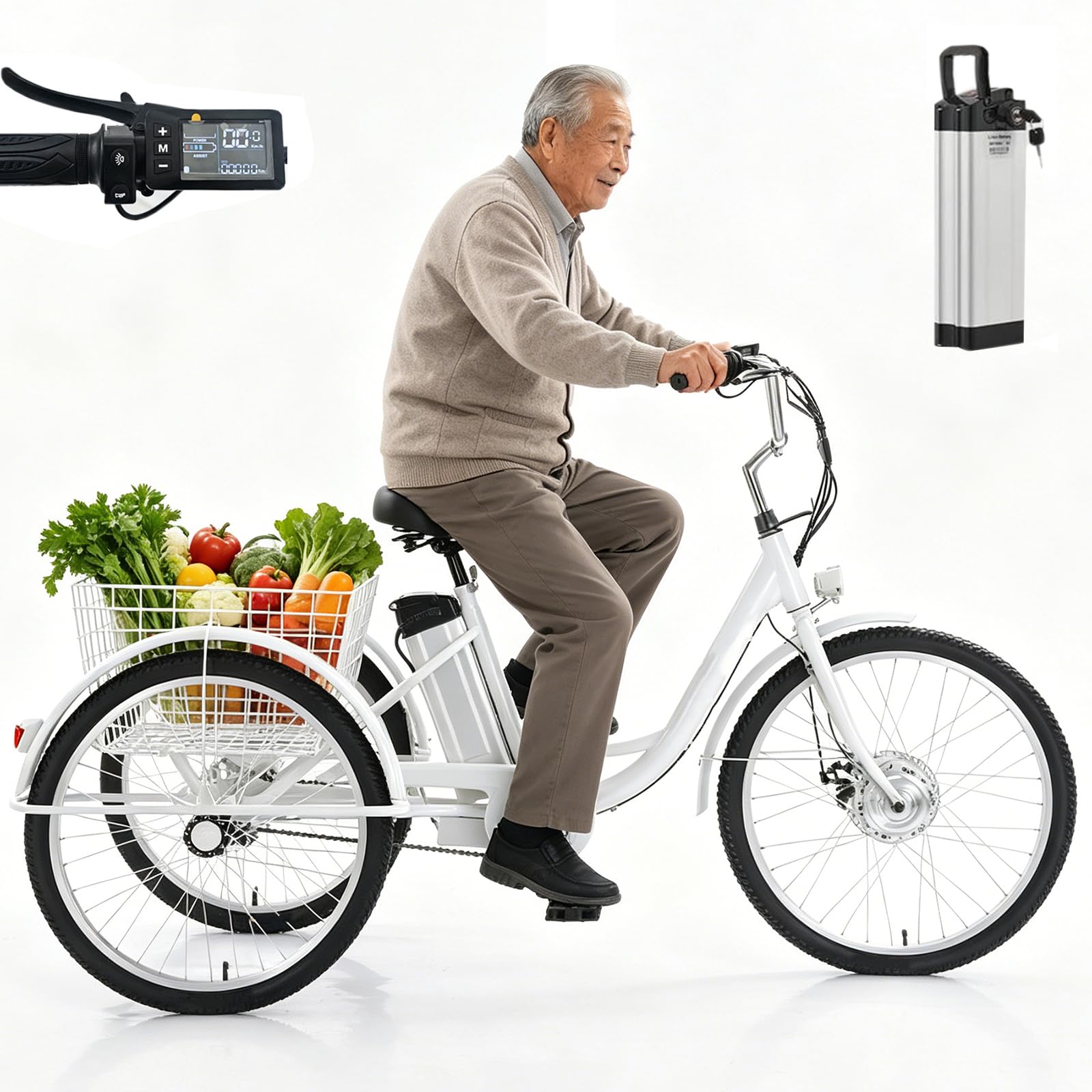 ZHZWwansuGE 24″ Adult Tricycle, Electric Fat Tire 3 Wheel Bike, With 36V 12Ah Removable Battery (Endurance: 35km), Load Capacity 150kg, With Lcd Display + Basket, For Shopping, Leisure White