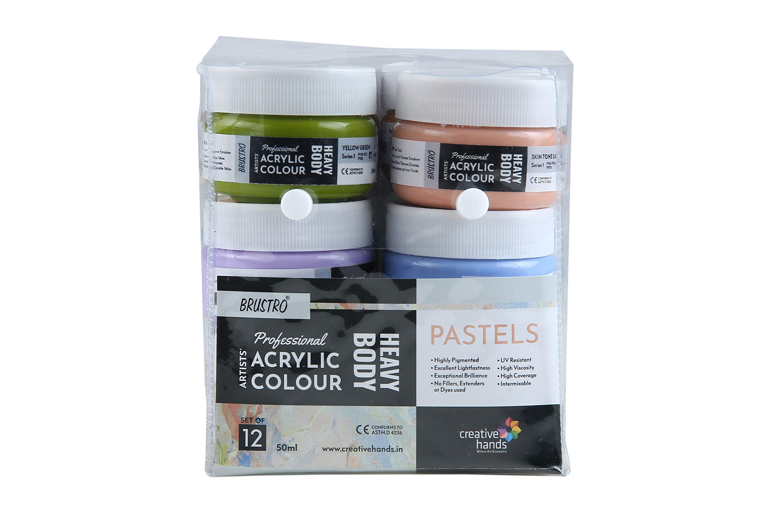 BRUSTRO Acrylfarben-Packungen für professionelle Künstler, 50 ml, Pastellfarben, ideal für Leinwand, Impasto und strukturierte Maltechniken, Dimensionseffekte, Pinselstriche, 12 Stück