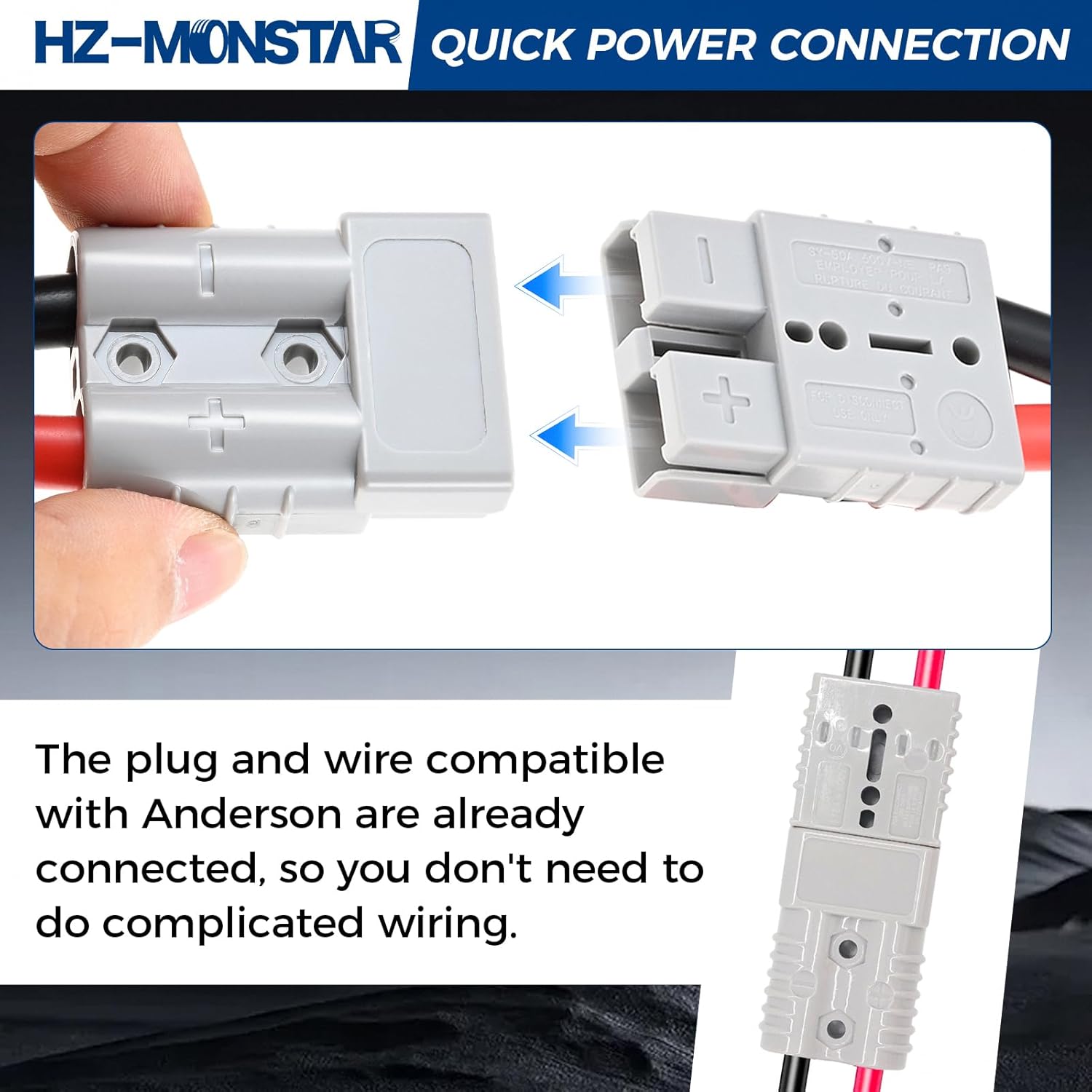 175A Connector Plug with 6AWG Cable Compatible with Anderson, 600V Battery Quick Cable Connector for 2 to 4 Gauge Replacement for Anderson Connector Plug One to One Power Forklift Charging