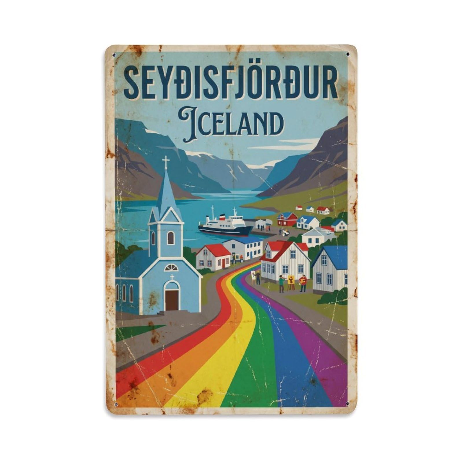 Este 8X12inch Style Vintage Travel Seydisfjordur Iceland Rainbow Metal Tin Sign