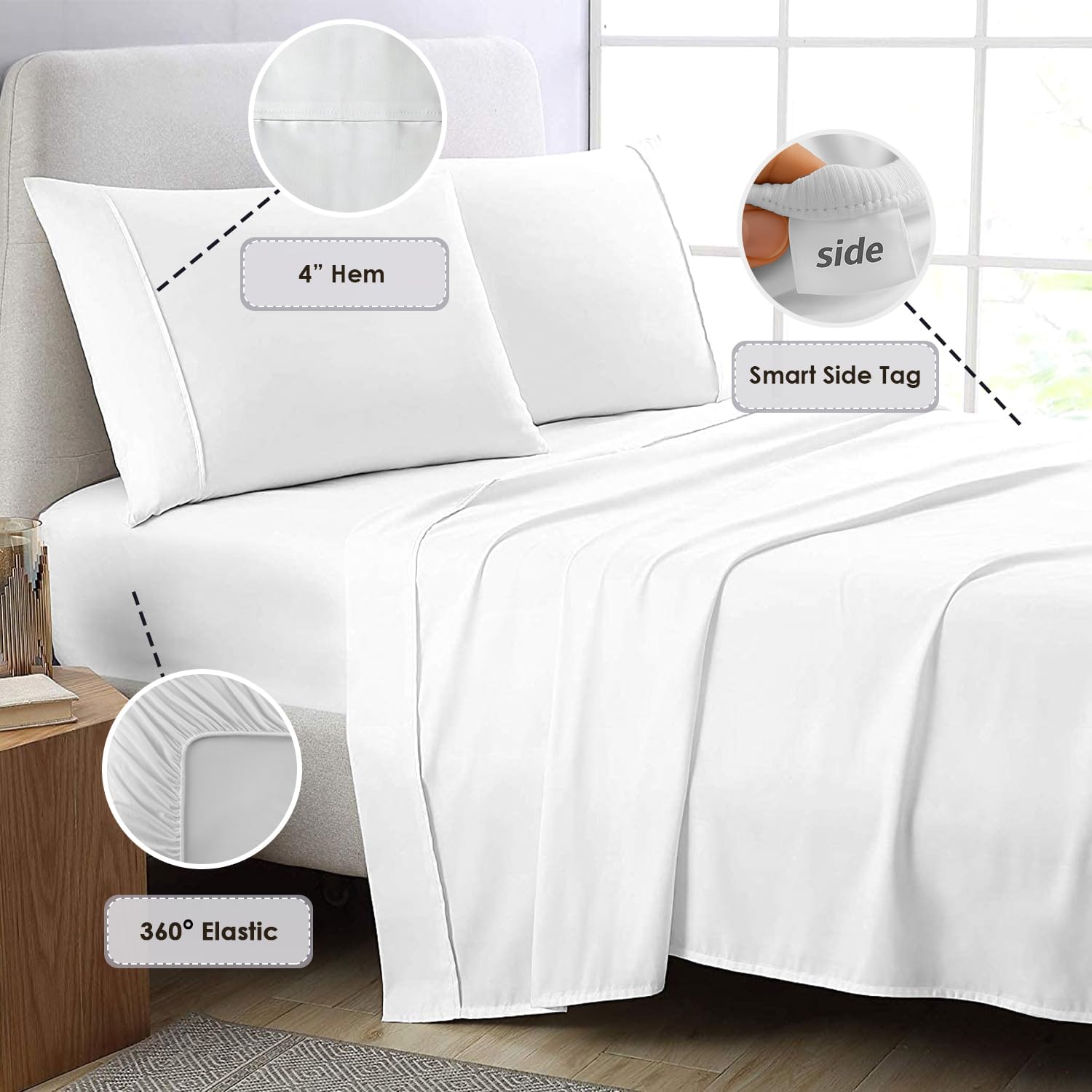 Pizuna Twin Sheet Set 100% Luxury Cotton 800 Thread Count Soft Sateen Weave Breathable Hotel Quality Cooling Bed Sheets Twin Size Bedding Set with Deep Pocket & Easy Fit Bedsheet (3PC) White - Image 3