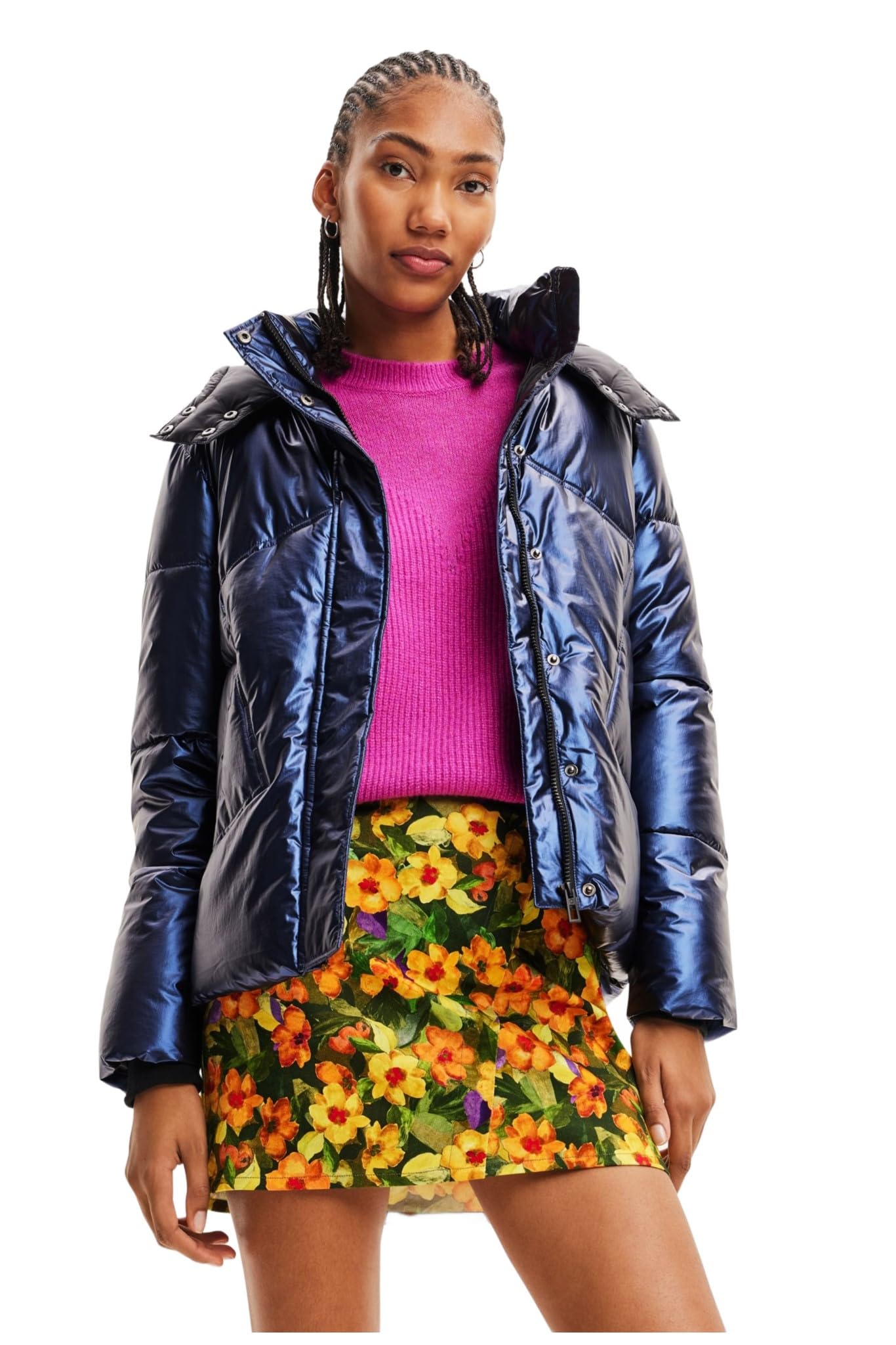 Desigual Women's Woman Woven Padded Short Overcoat Hamilton, Blue, XL