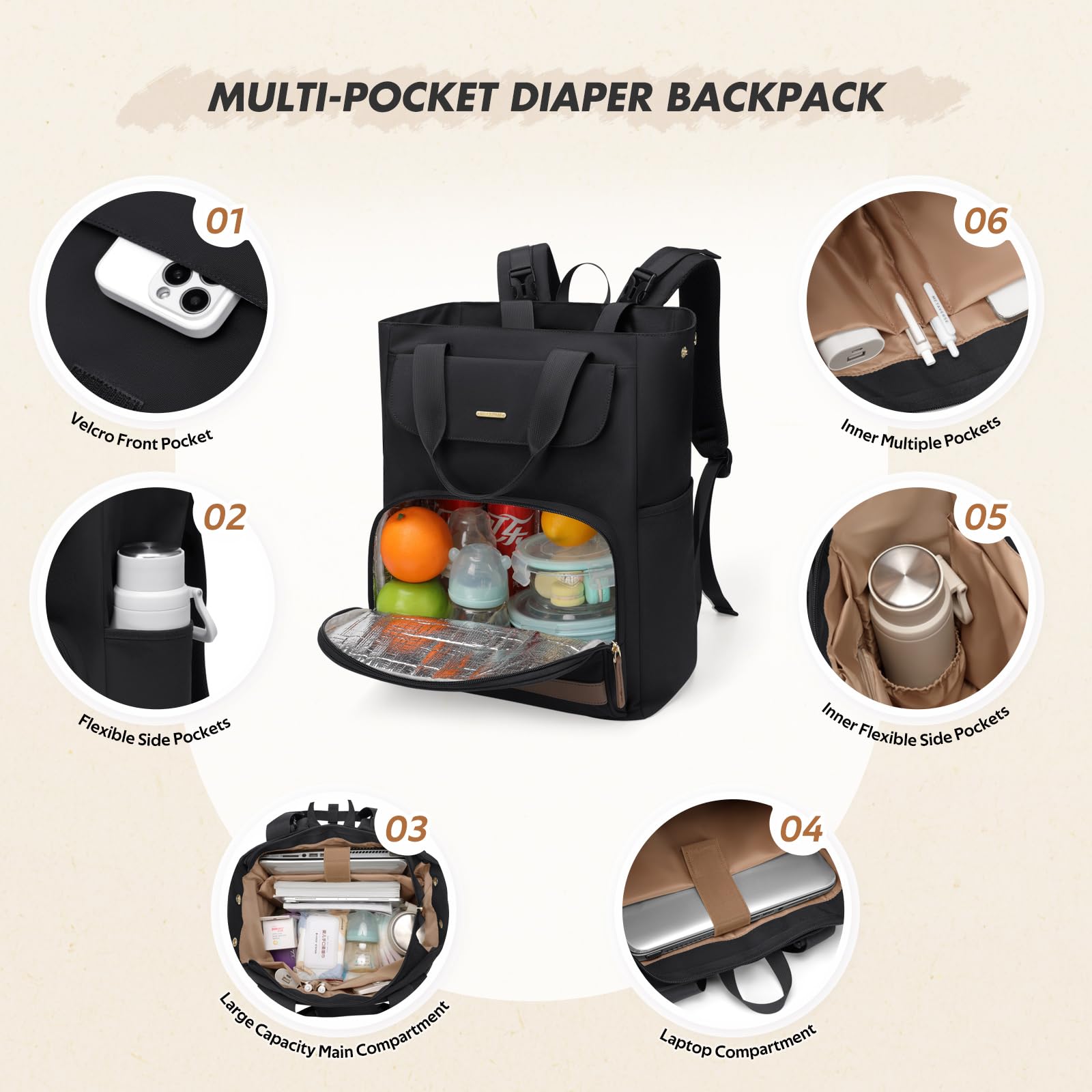 GOLF SUPAGS 25L Sac a Langer Bebe avec Matelas à Langer Portable et Sangles pour Poussette, Sac a Dos Isotherme, Sac à Dos à Langer Maternité, pour Maman ou Papa (Noir)