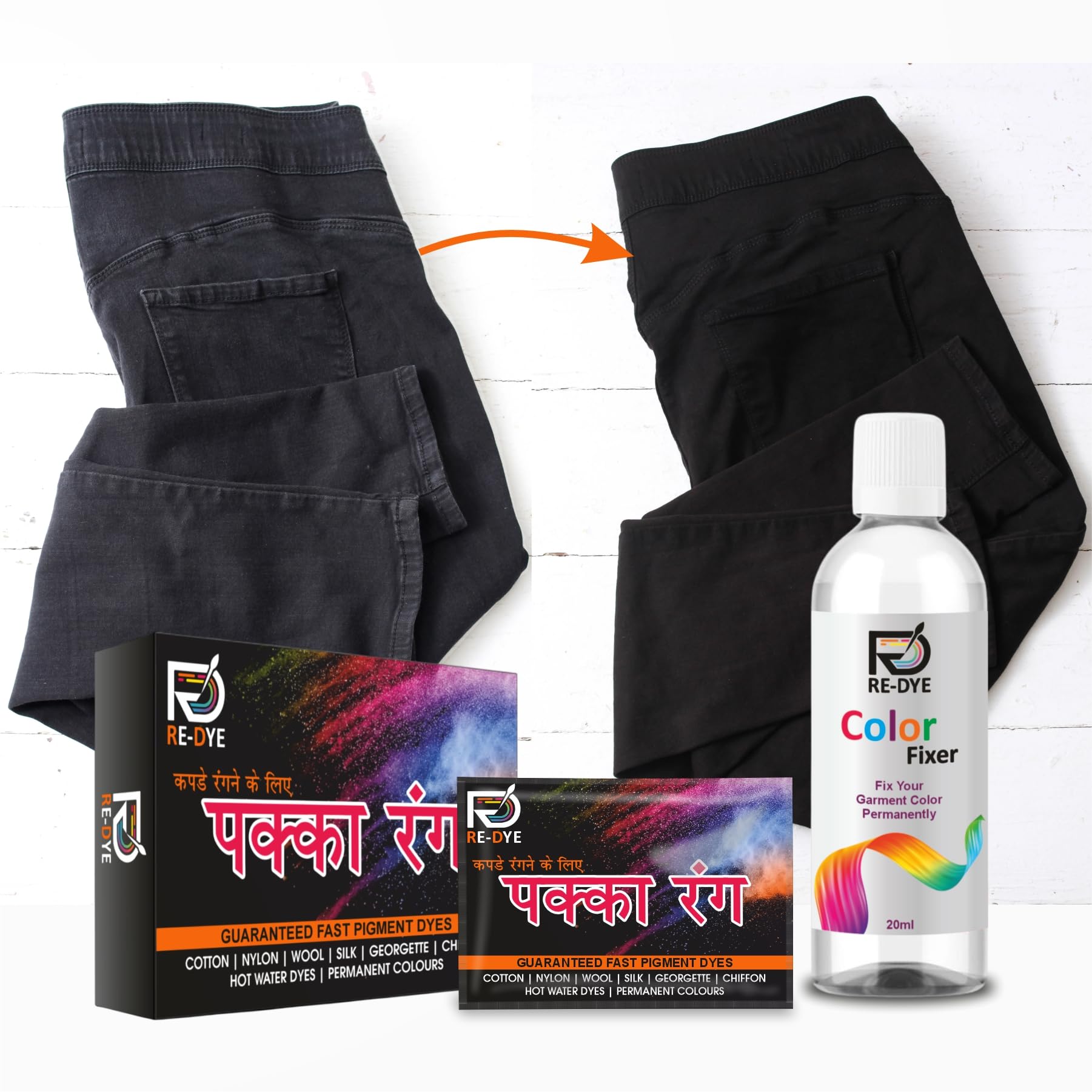 RE DYE Pakka rang Fabric dye Color | Jeans Black (5gm*5=25gm)(with Color Fixer 20ml)