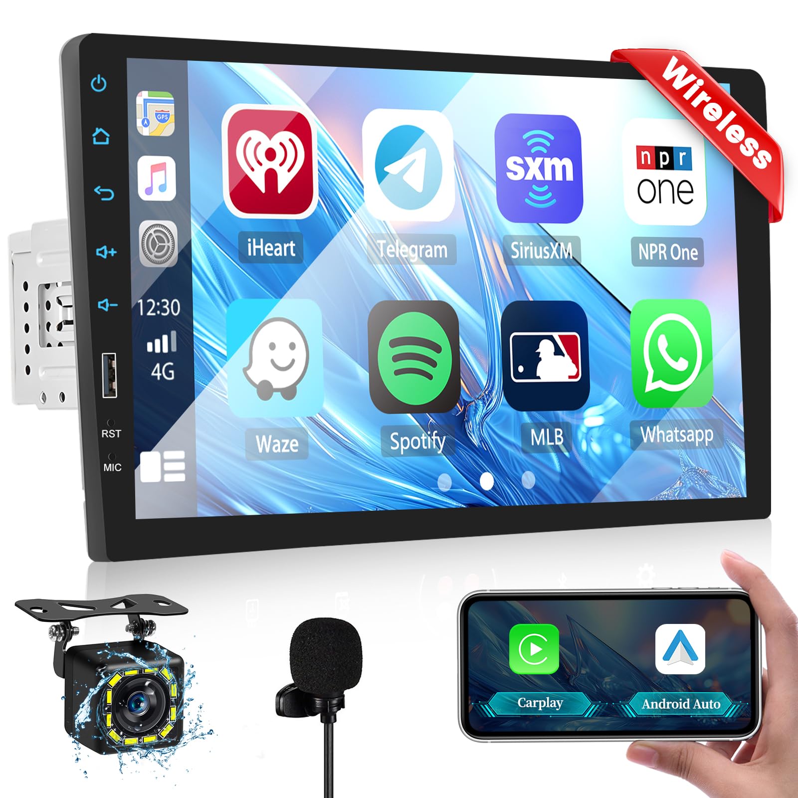 Hikity Single Din Car Stereo Radio 9'' Touch Screen Wireless CarPlay Android Auto With Bluetooth FM Radio EQ Mirror Link For IOS/Android USB 1 DIN Car Radio Support Rear View Camera MIC
