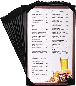 Juvale Hard-Sided Plastic Restaurant Menu Holder - Heavy-Duty Tabletop Holder for Restaurants - Single-Panel Clear PVC Menu Sleeve - Professional Black Binding Server Book - Pack of 12, 7.8"x 13.8"