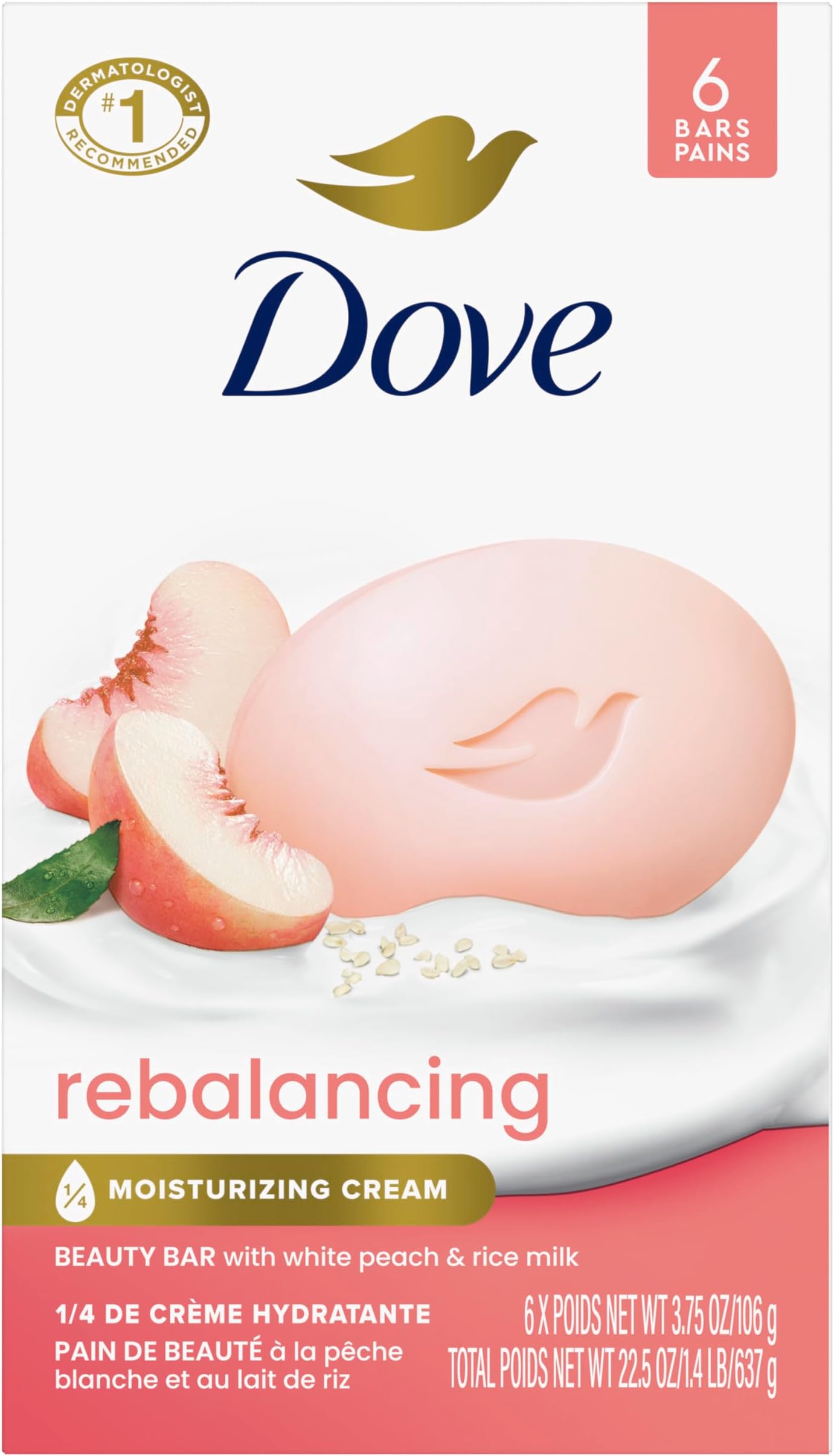 Dove Beauty Bar Soap Rebalancing White Peach & Rice Milk 6 Count for a Nourished and Moisturized Skin, with ¼ Moisturizing Cream Plant-Based Formula, 3.75 oz