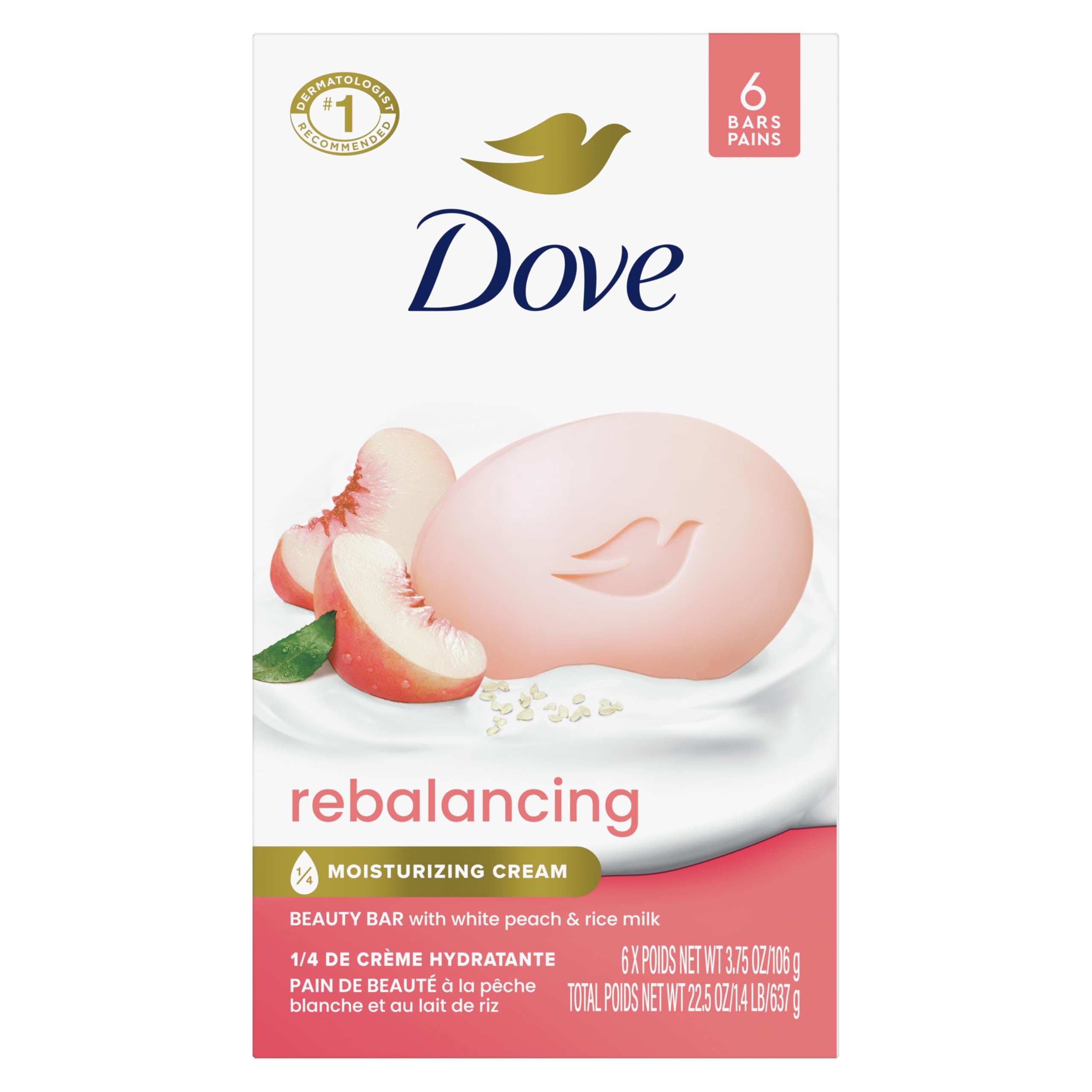 DoveBeauty Bar Soap Rebalancing White Peach & Rice Milk 6 Count for a Nourished and Moisturized Skin, with ¼ Moisturizing Cream Plant-Based Formula, 3.75 oz