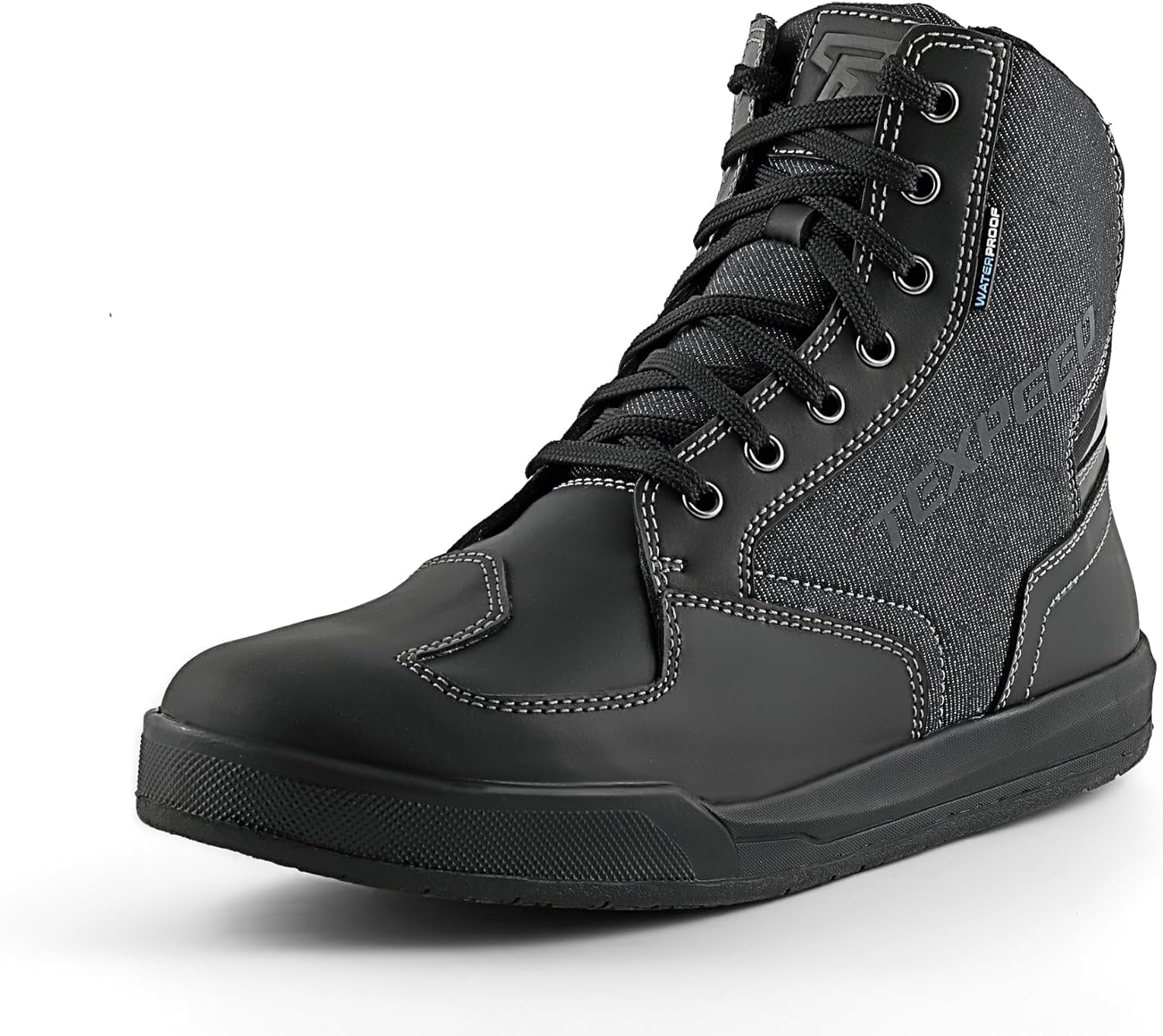 Texpeed – Skórzane buty motocyklowe męskie – Street Sneaker, 100% wodoodporne, krótka cholewka, buty motocyklowe turystyczne – Czarny Dżins - EU 44