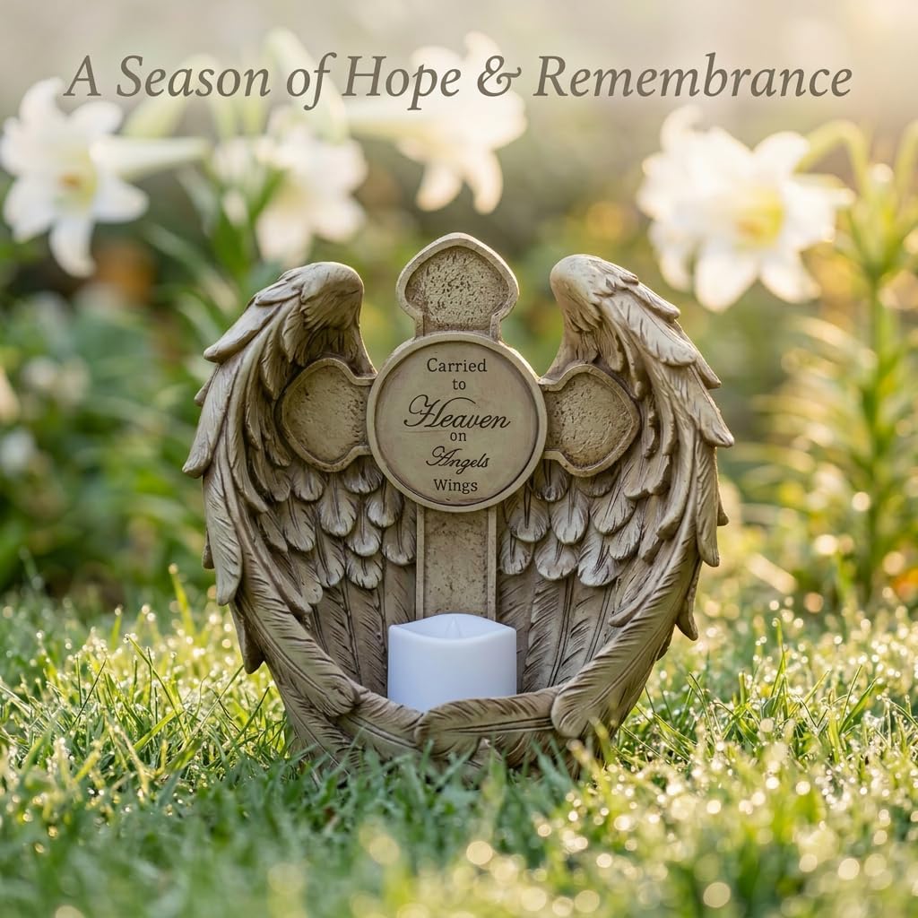 12" Angel Wings Memorial Statue with Cross & LED Candle, Bereavement Condolence Gift, Remembrance Garden Figurine Decor, Waterproof Garden Sculpture Sympathy Gifts for Women, Mom, Grandma, Lover