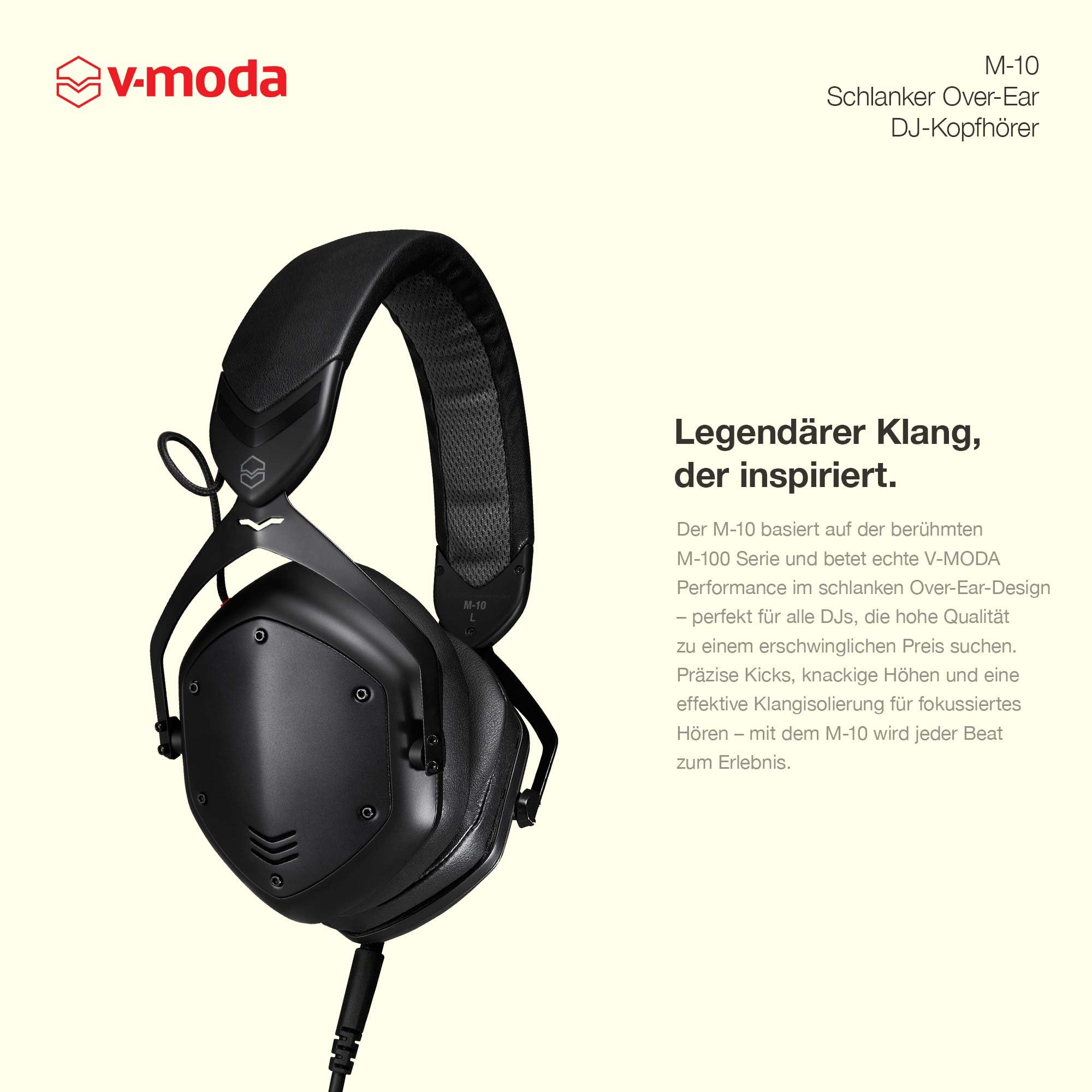 V-Moda M-10 | Schlanker Over-Ear DJ-Kopfhörer | Für DJs & beatlastige Musik | Tiefer Bass mit High-End-Transparenz | Memory-Schaum-Ohrpolster für Lange Sessions | schwarz