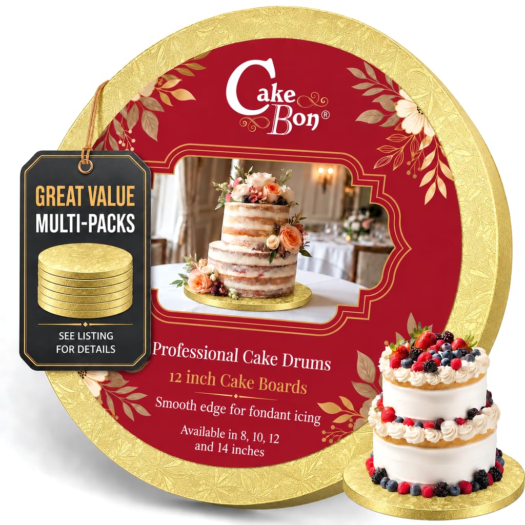 Cakebon Cake Boards 12" Gold Round Cake Drums 1/2" Thick Smooth Edge 3Pack
