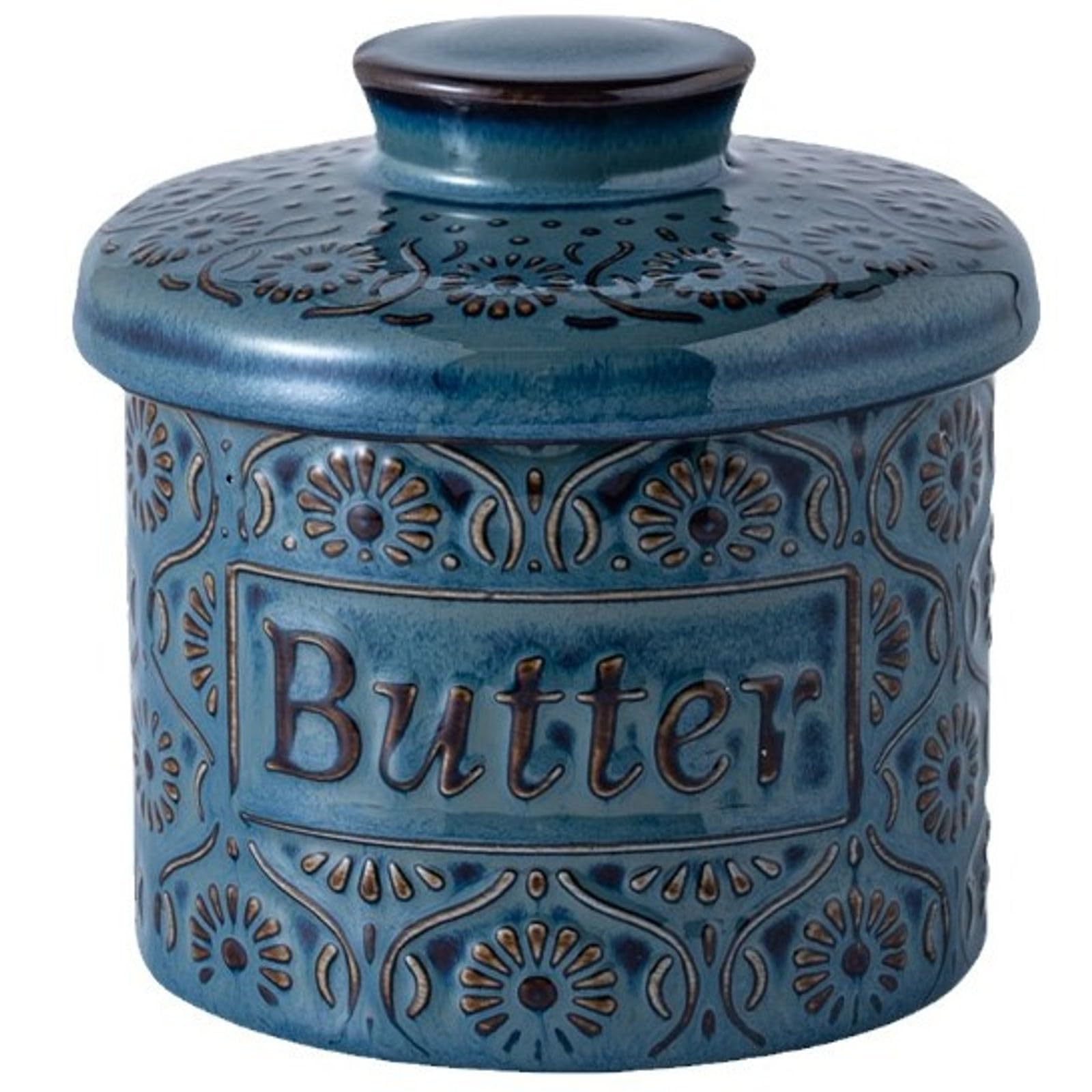 SIELUNO Ceramic Butter Dish With Lid, Vintage Pottery Butter Crock-Navy blue-10x10x8cm