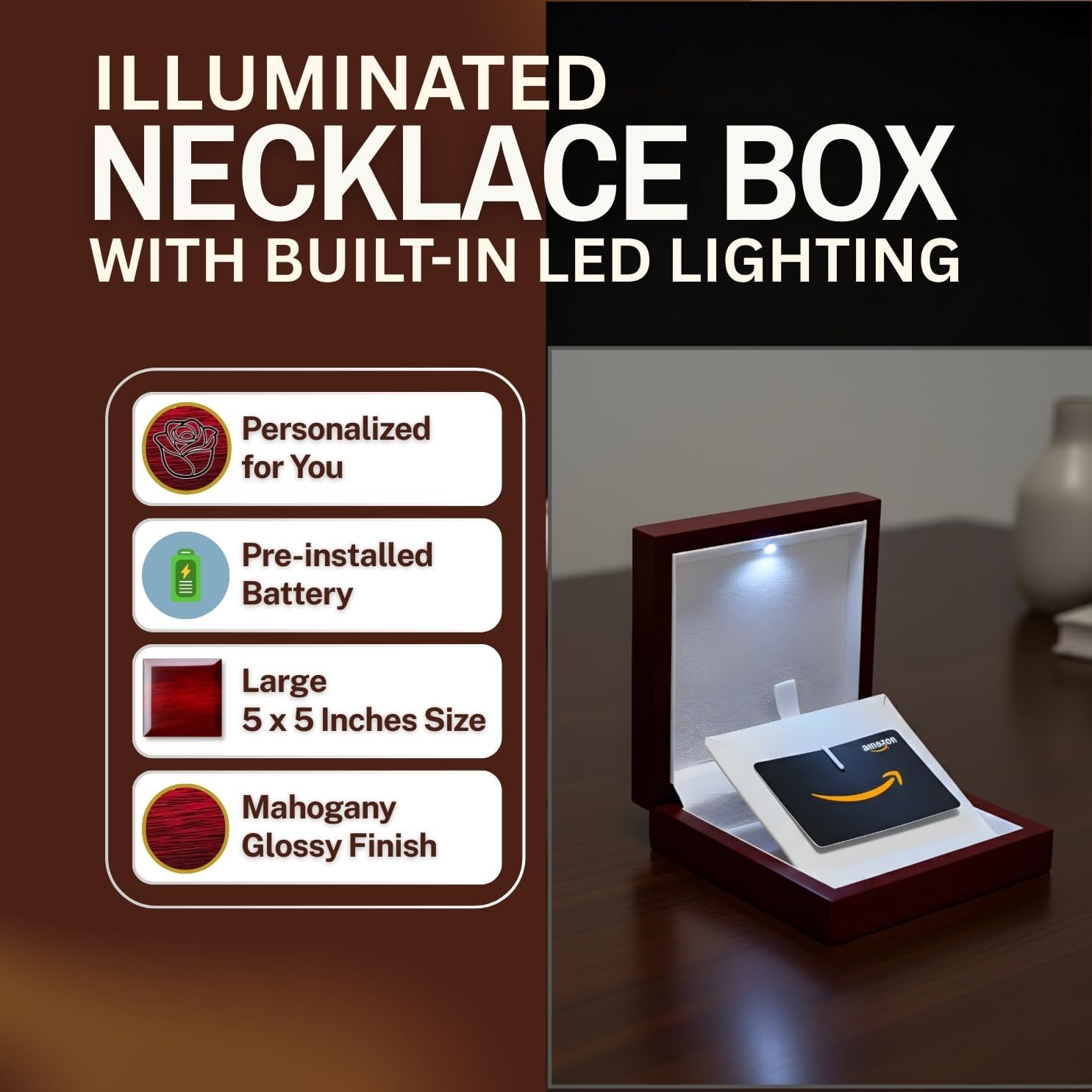 Necklace Box with LED Light – Small Jewelry Display Case for Bracelet, Earrings, or Chains – Luxury Lighted Wooden Presentation Box for Gifts, DIY Crafts (Custom Mom, 5 X 5 Inch)