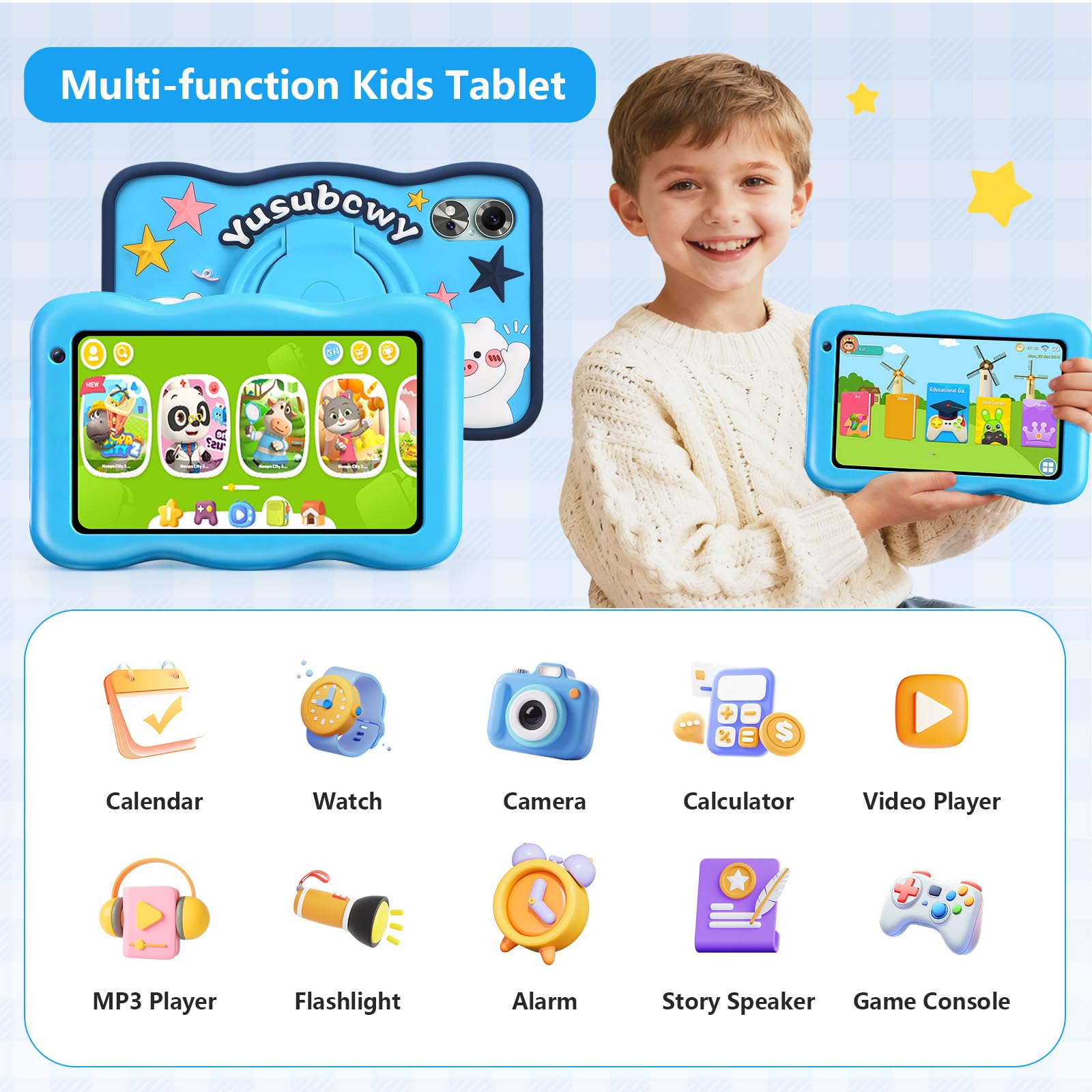 YUSUBCWY Kids Tablet 7 inch, Android 13, 8GB RAM 64GB ROM, 7-inch HD, Parental Control, WiFi Bluetooth, GMS Certified, Screen Protector Case (Blue) — view 5
