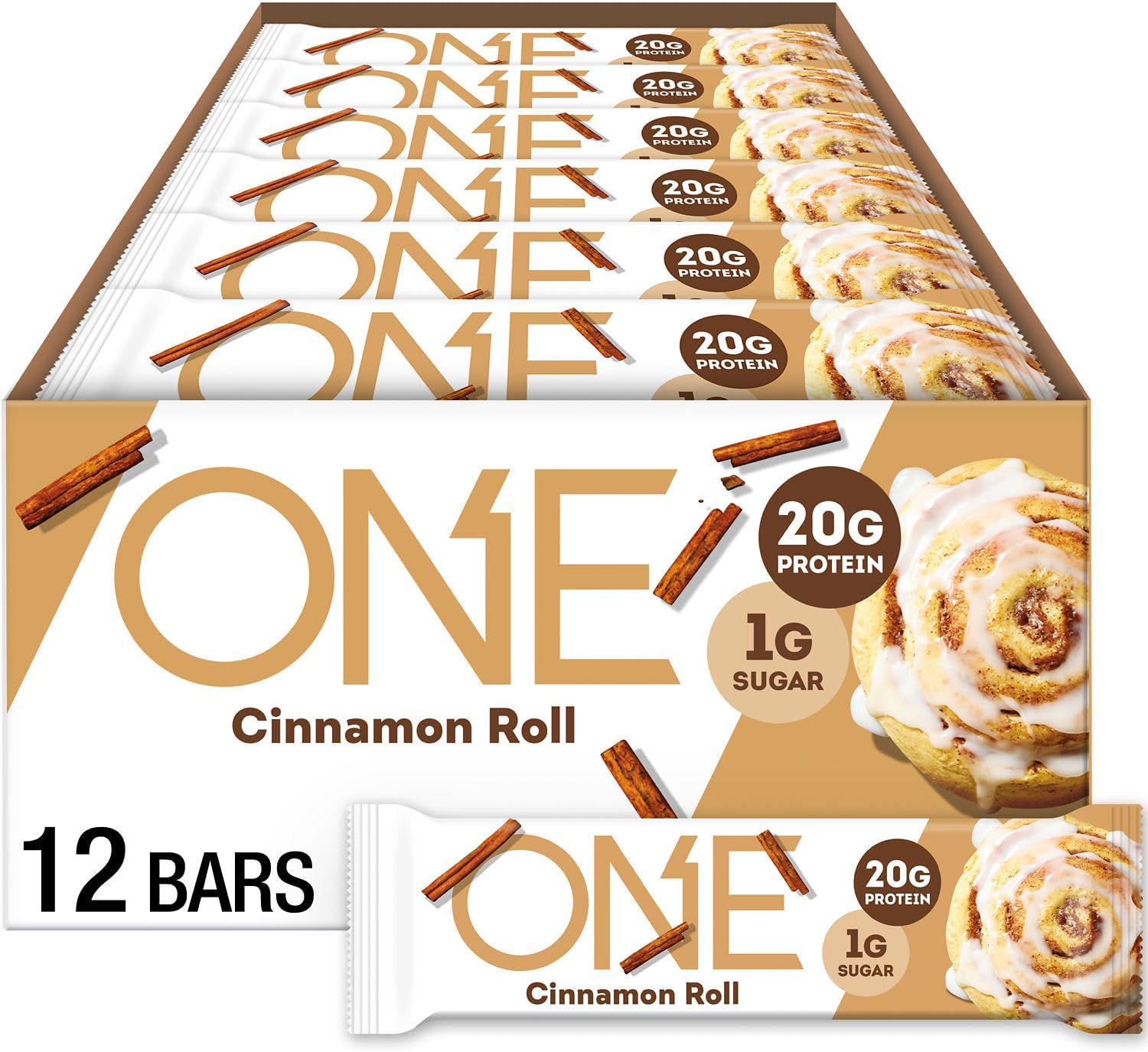 Protein Bars, Cinnamon Roll, Gluten Free with 20g Protein and 1g Sugar, Pantry Staples, 2.12 oz (12 Count), Packaging May Vary