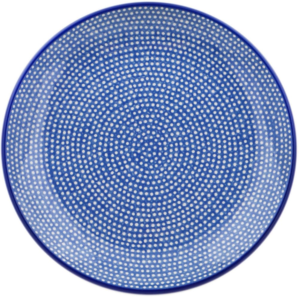 Authentic Polish Pottery Dessert Plate Signature UNIKAT in Slate Blue Dots Design Handmade in Boles?awiec Poland by Ceramika Artystyczna + Certificate of Authenticity