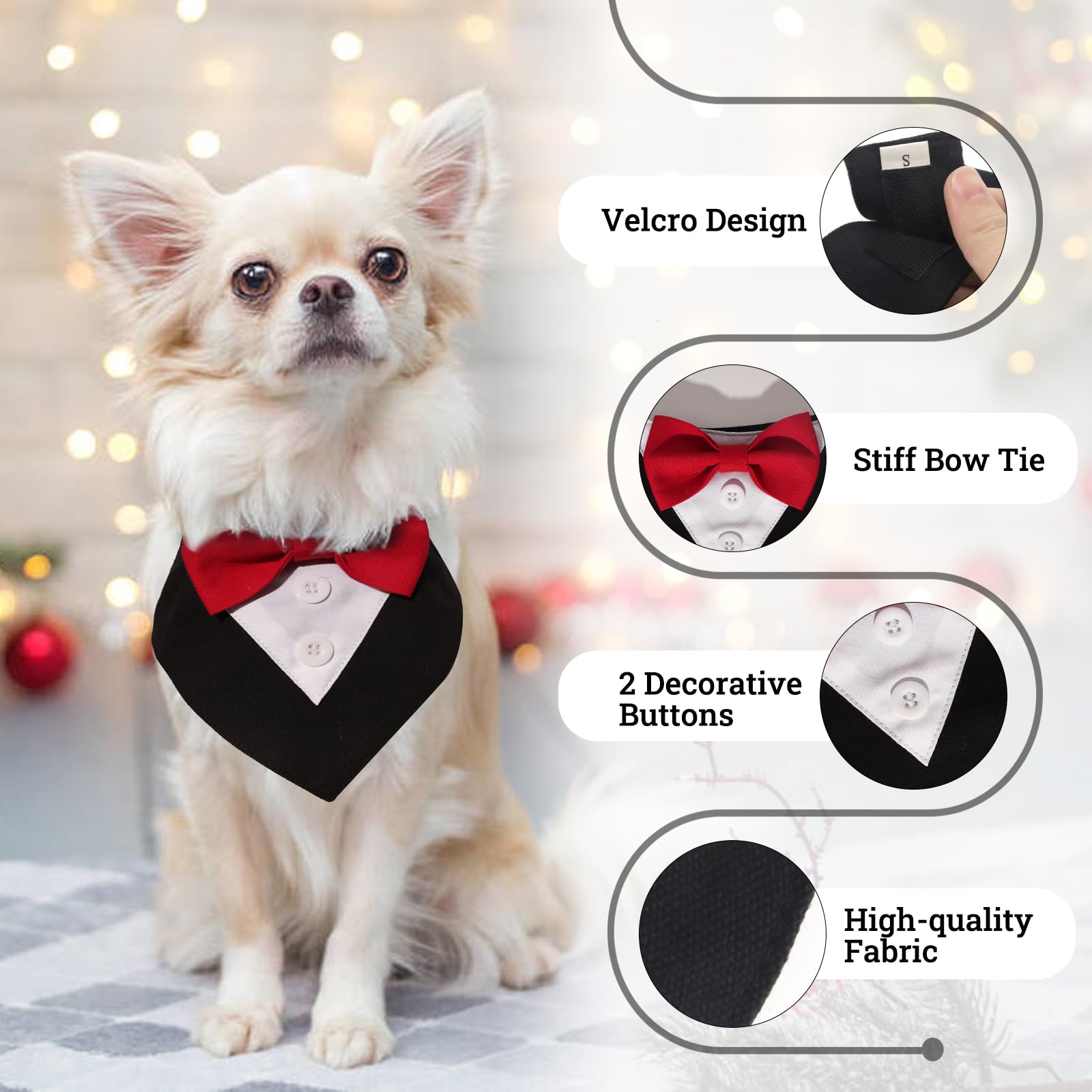 Papillon Cane Matrimonio - Bandana Cane Regolabile Natale Personalizzato Smoking Sciarpe del Cane Natalizia, Cravatta per cani, Accessori Feste Compleanno Cani, Nero+Rosso Fiocchetti, L