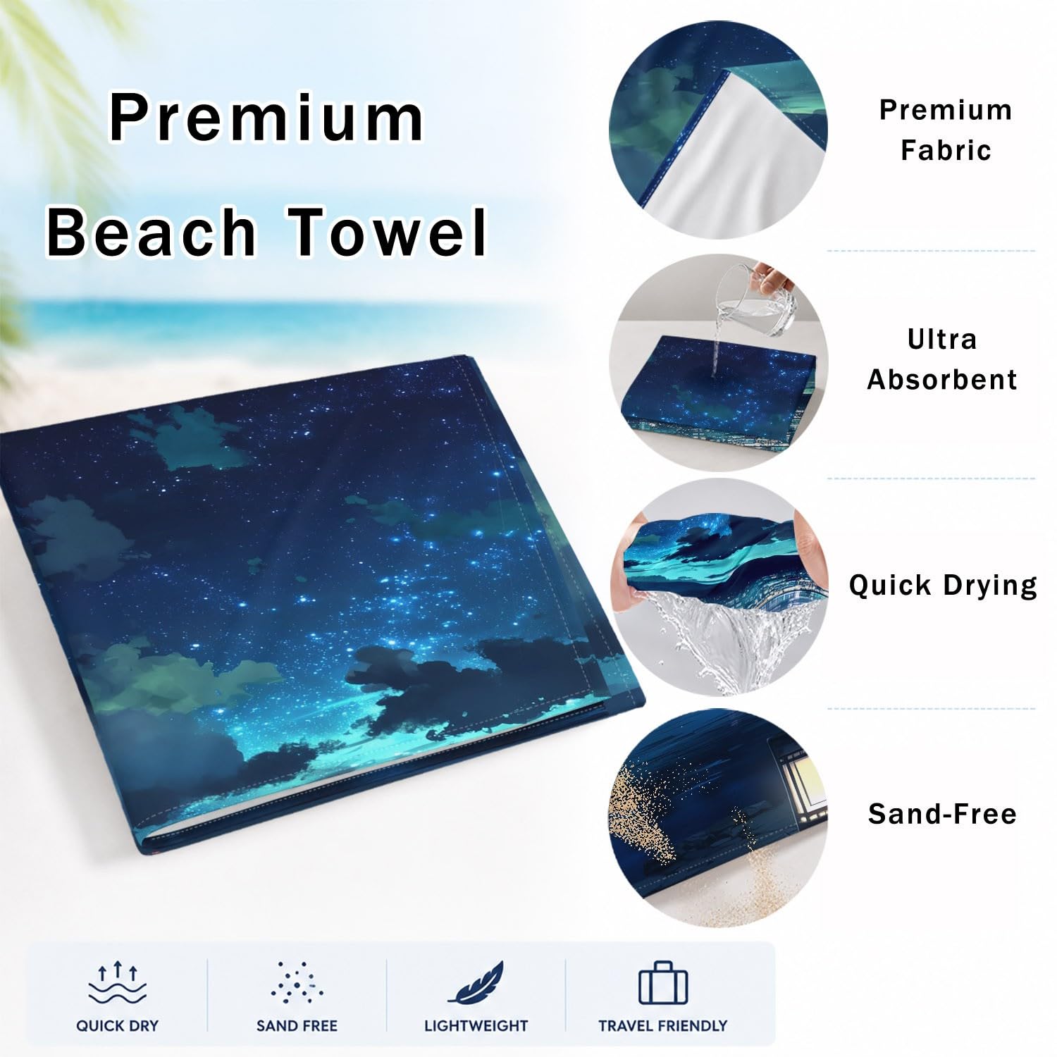 Sommer, Strand, Klar, Urlaub, Haustiere Strandtuch 200 x 145 cm – Saugfähiges Schnell trocknendes Strandtuch Welpe im gestreiften Badeanzug, Strand, Seesterne für Campen, Picknick, Ausflüge