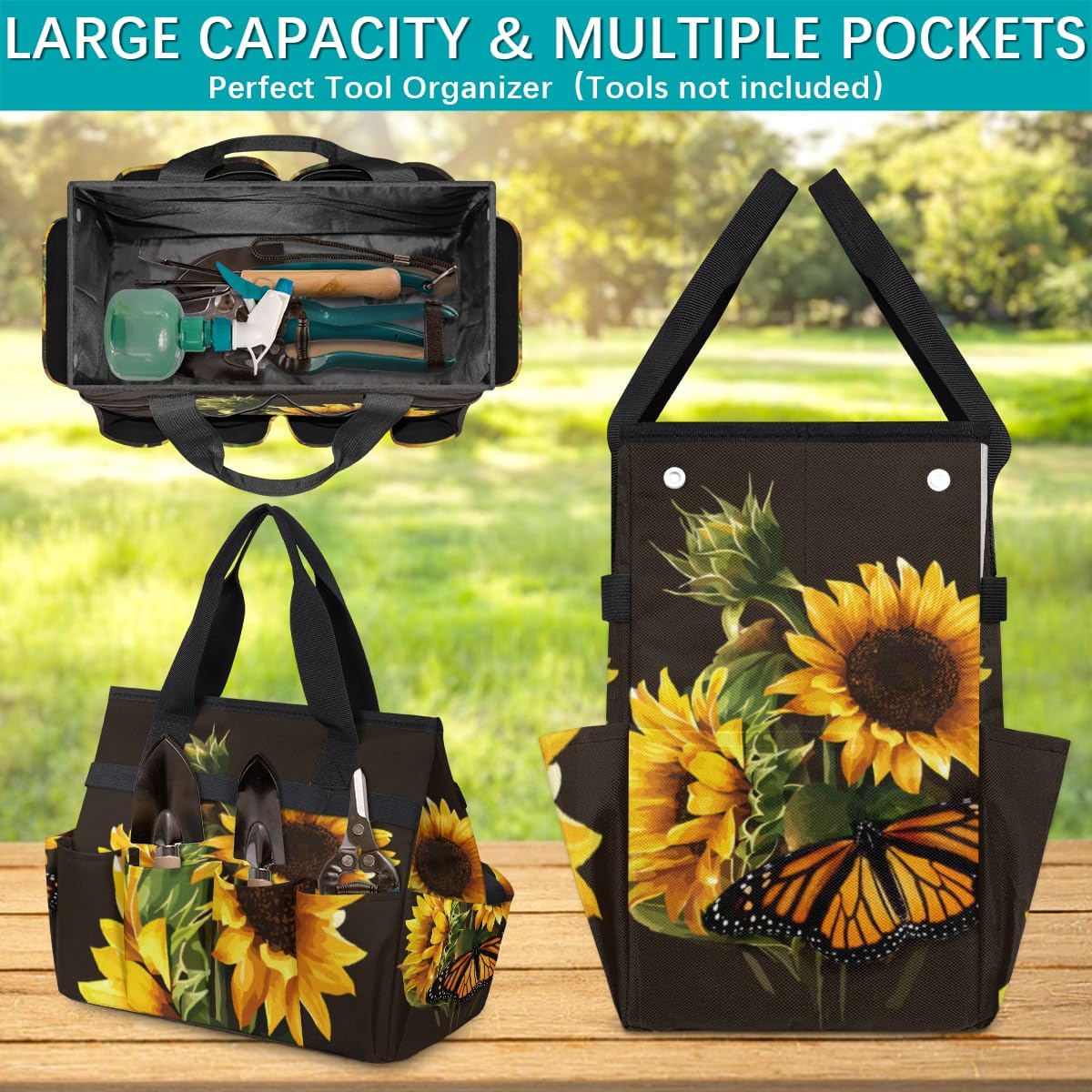 Butterfly Sunflower Funny Garden Tool Bag Waterproof Gardening Tool Storage Bag with Handle & 10 Pockets Gardening Tote Bag for Women Garden Tool Organizer