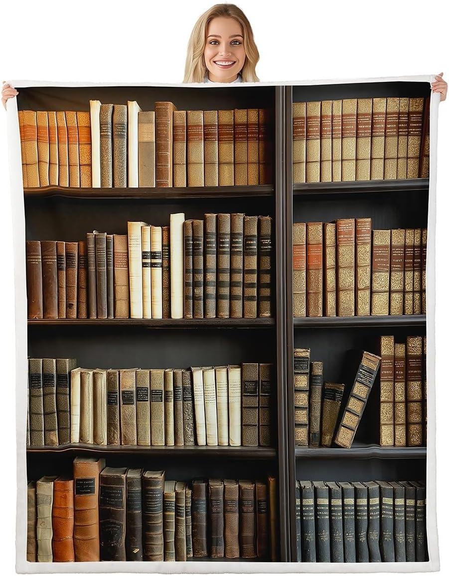 Erosebridal Vintage Bookshelves Library Throw Blanket for Bed, Book Lovers Gifts, Retro Fleece Blanket