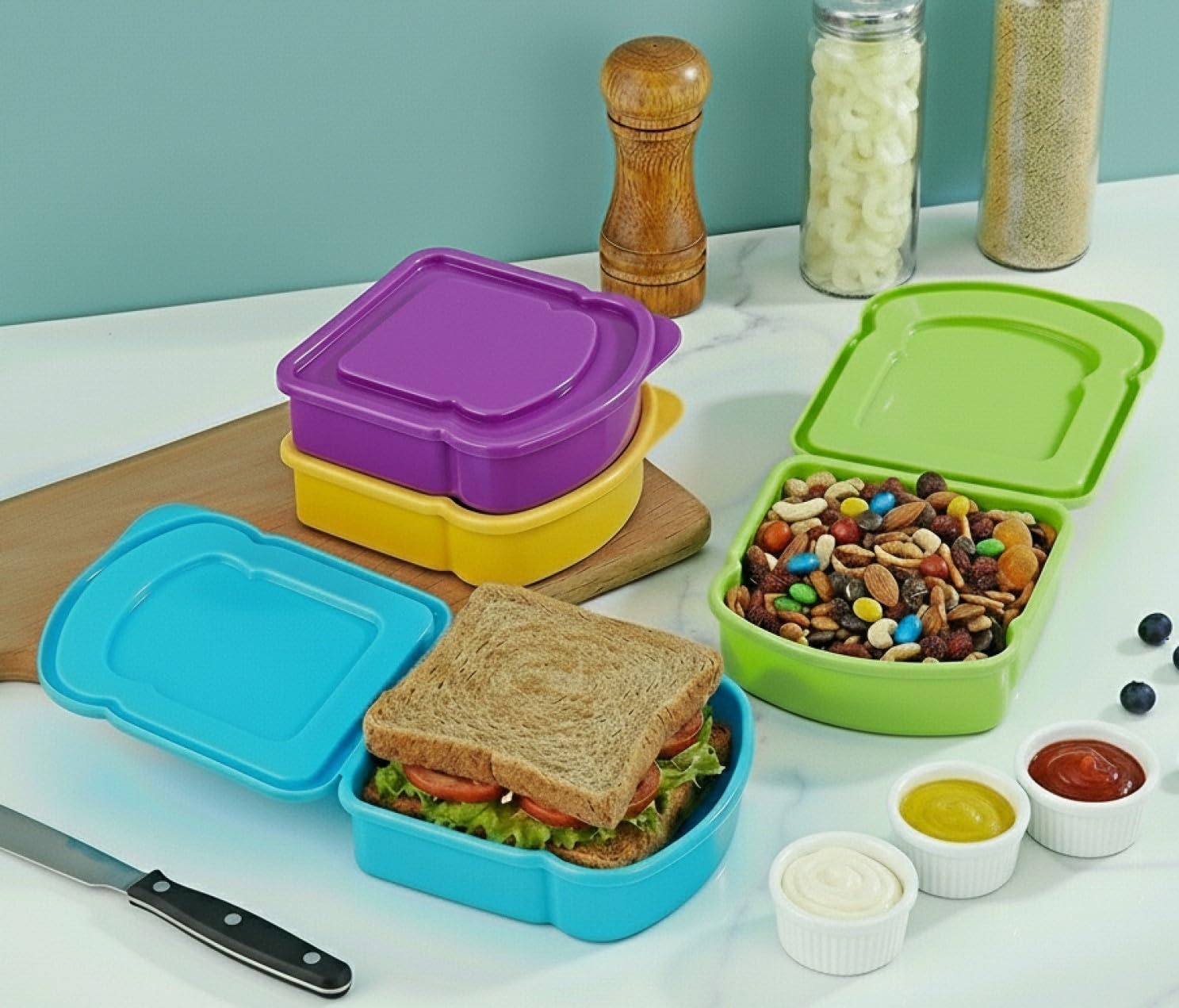 Kitchen & Cabana I 4 Pack I Small Size Sandwich Containers I Fun and Easy to Open for all Size Hands (4 Pack - Orange/Green/Blue/Purple) - Image 3
