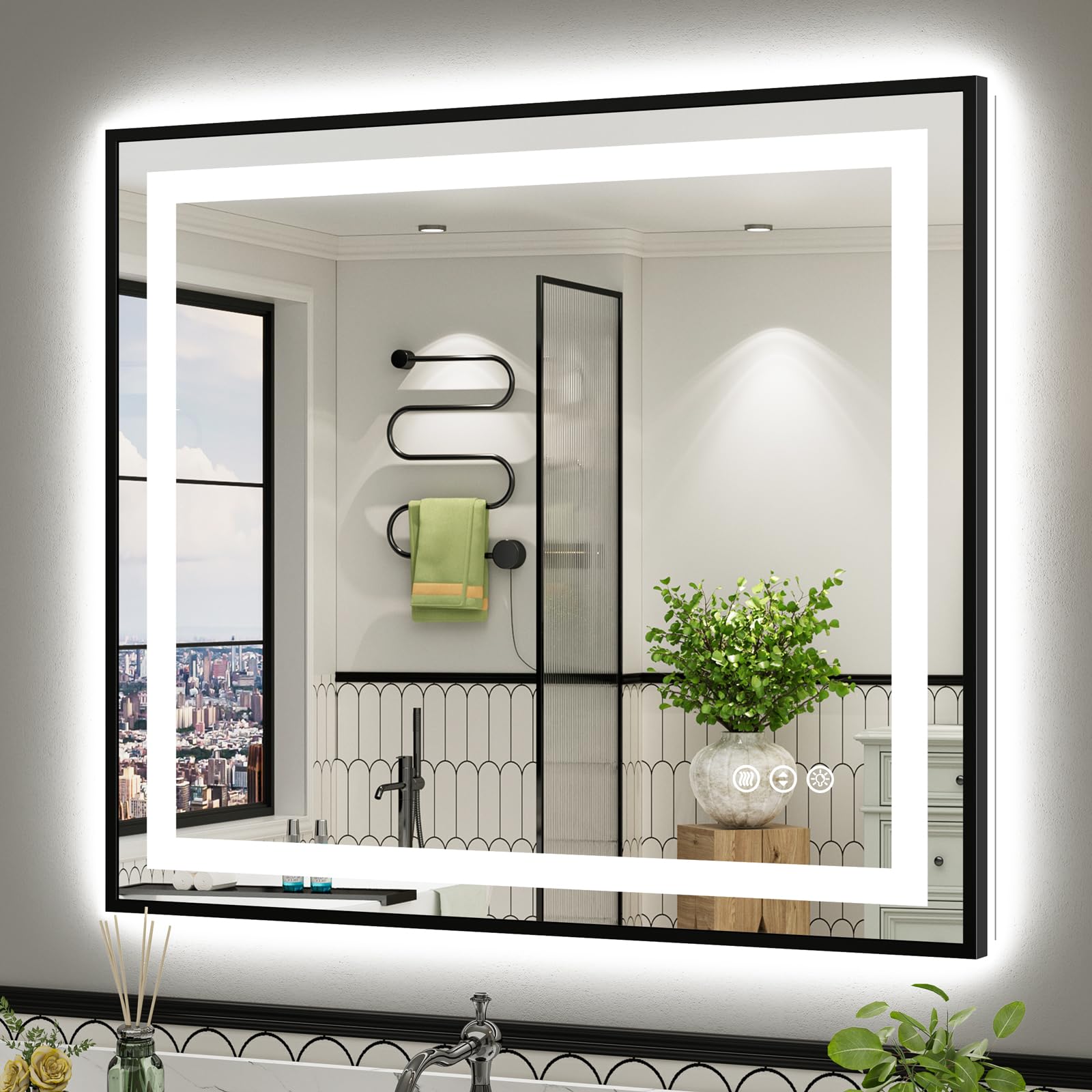 Briivue 40x36 Inch LED Bathroom Mirror with Black Frame, Backlit &amp; Front Lit