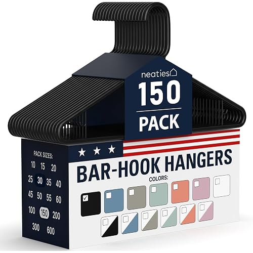 Plastic Hangers 100+ Pack (150 Count) – Made in the USA – 6lb Capacity Standard Clothes Hangers with Strap Hooks for Dresses, Lingerie, Shirts, Pants, and Jackets – Black
