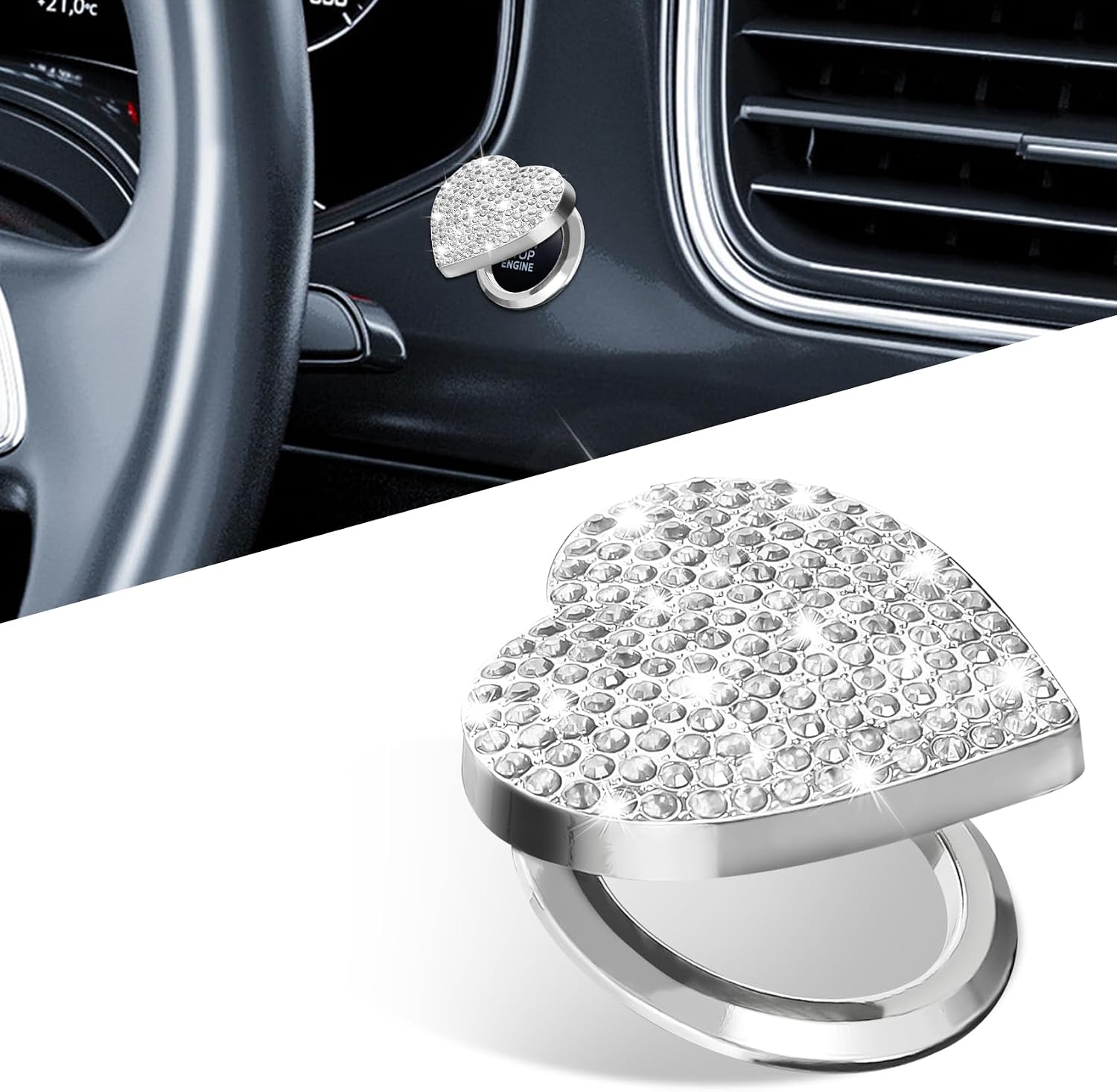 Bling Car Engine Start Button Cover, Push Start Button Cover, Cute Heart Shape Diamond Ignition Cap, Car Sparkly Rhinestone Ignition Decal for Women Girls