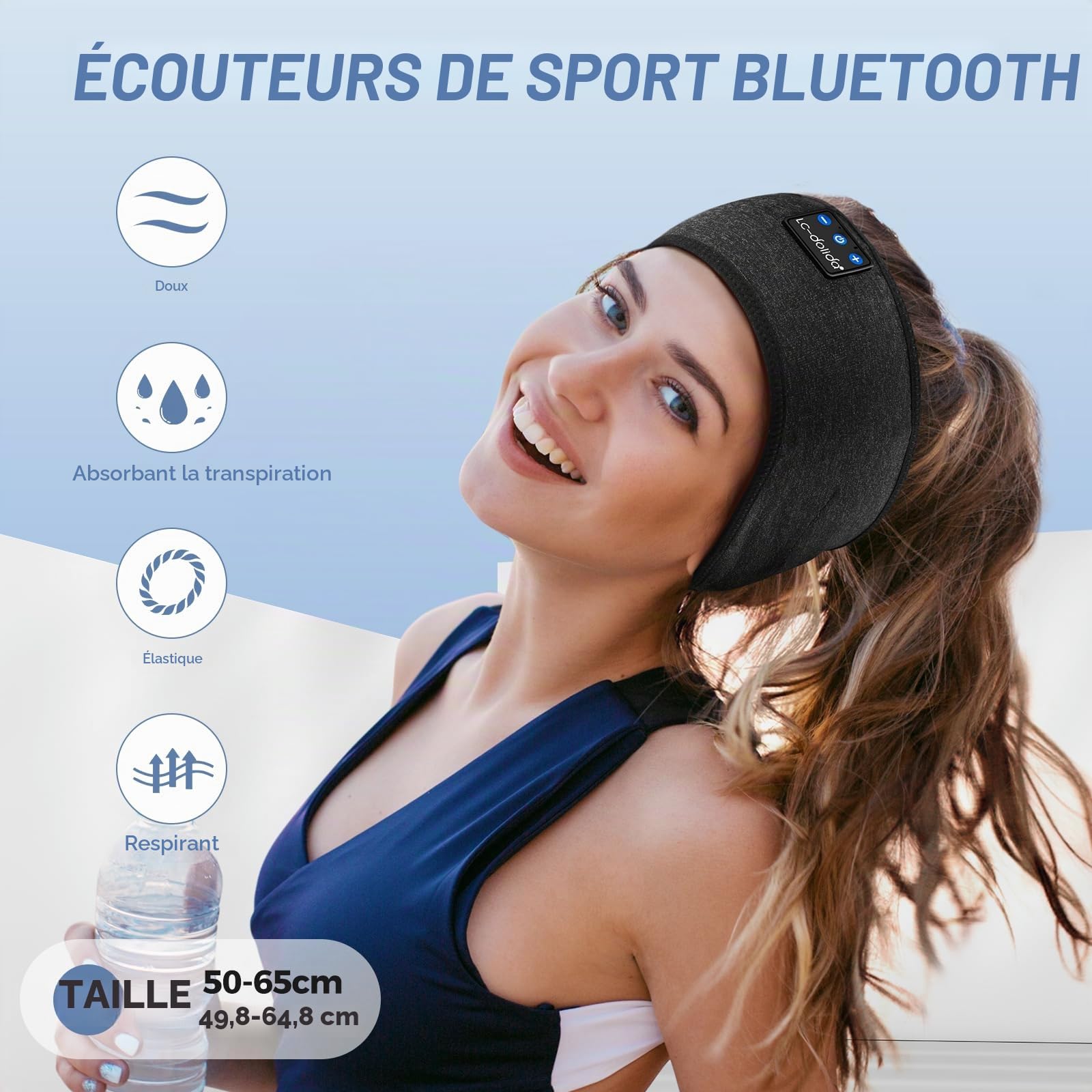 LC-dolida Casque de Sommeil Bluetooth 5.2, Masque de Sommeil avec Bandeau Bluetooth, Bandeau de Sport sans Fil, Noir Foncé