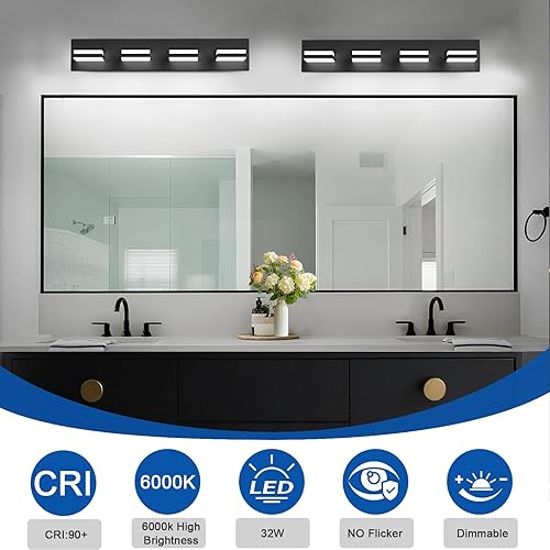 Miniatura 4 de IZORRO Luces LED modernas para baño (4 luces), iluminación de pared acrílica negra mate, luces de tocador para baño sobre espejo - 6000 K 24 pulgadas