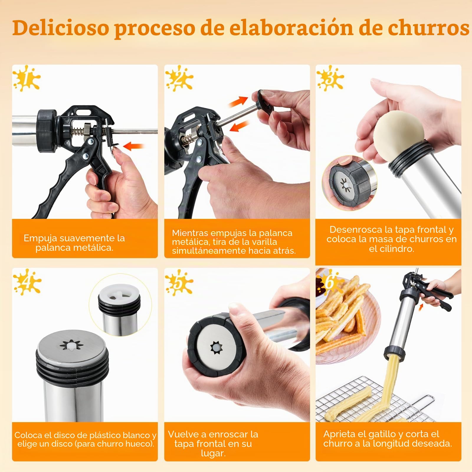 Churro Maker Máquina de acero inoxidable Kit de pistola Churro con 4 discos para Churro hueco, 5 discos para galletas, 6 boquillas para glaseado, 2 cepillos limpios para postres y galletas DIY