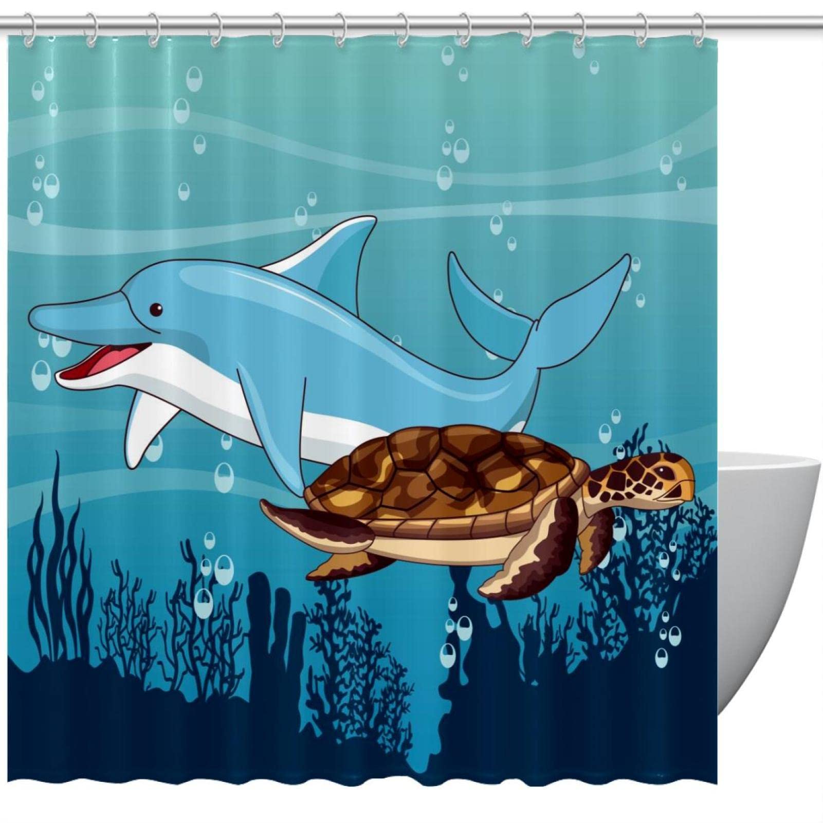 Rideau de douche océan motif dauphin et tortue marine en taille 168 x 183 cm